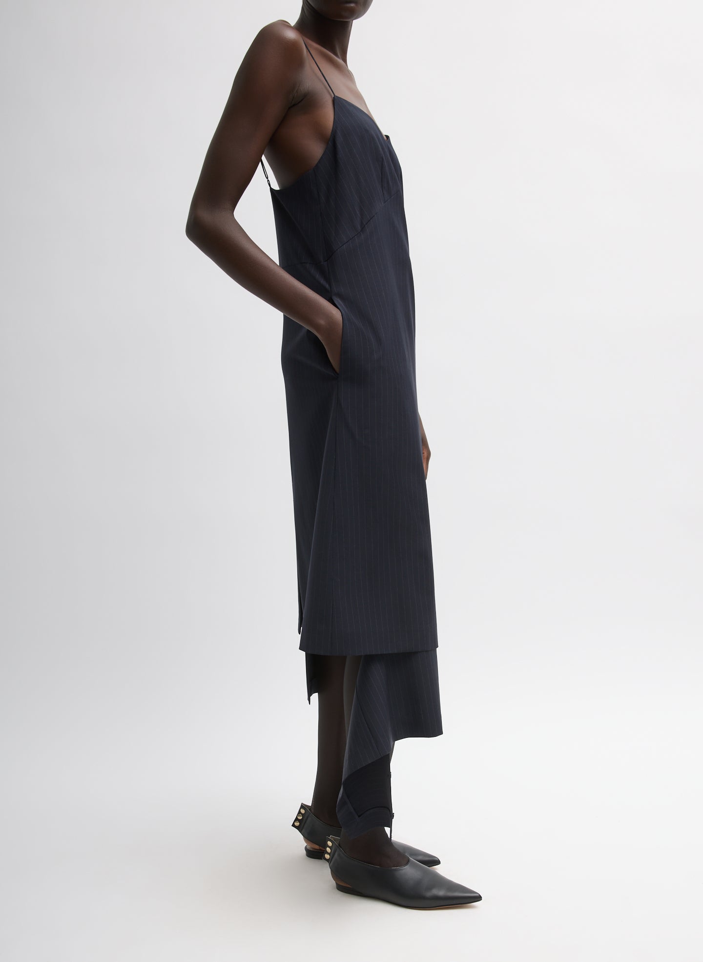 Navy Multi Mier Pinstripe Convertible Slip Dress - side view on model