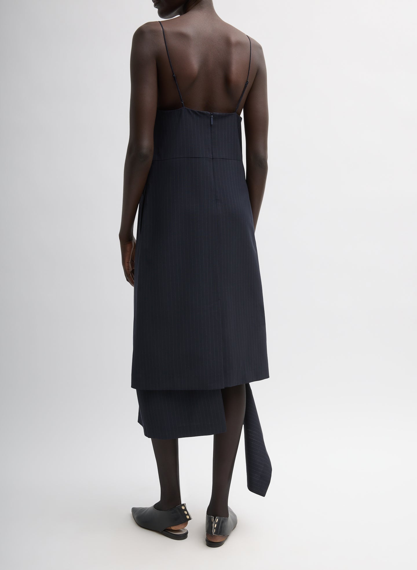 Navy Multi Mier Pinstripe Convertible Slip Dress - back view on model