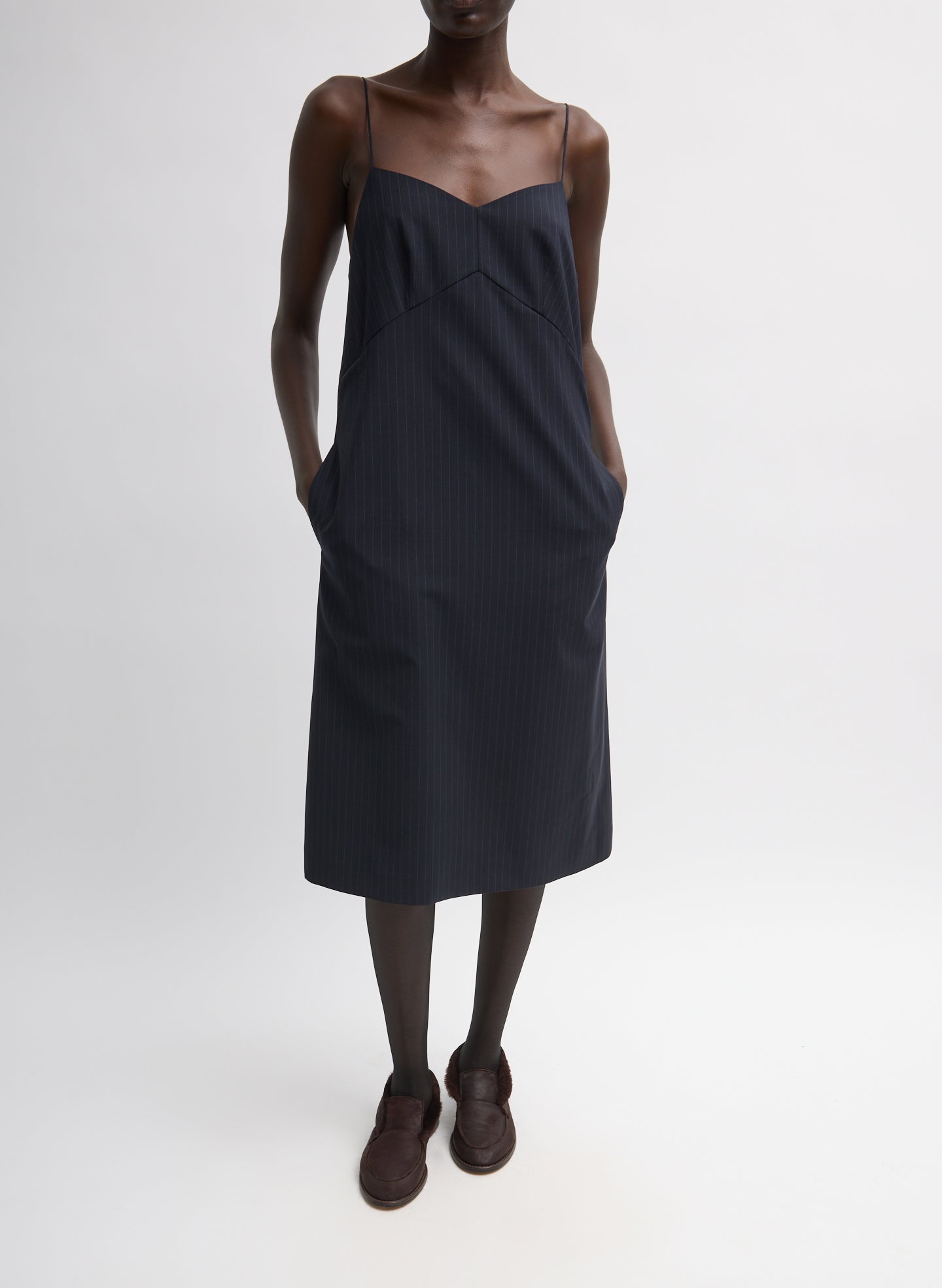 Navy Multi Mier Pinstripe Convertible Slip Dress - front view on model