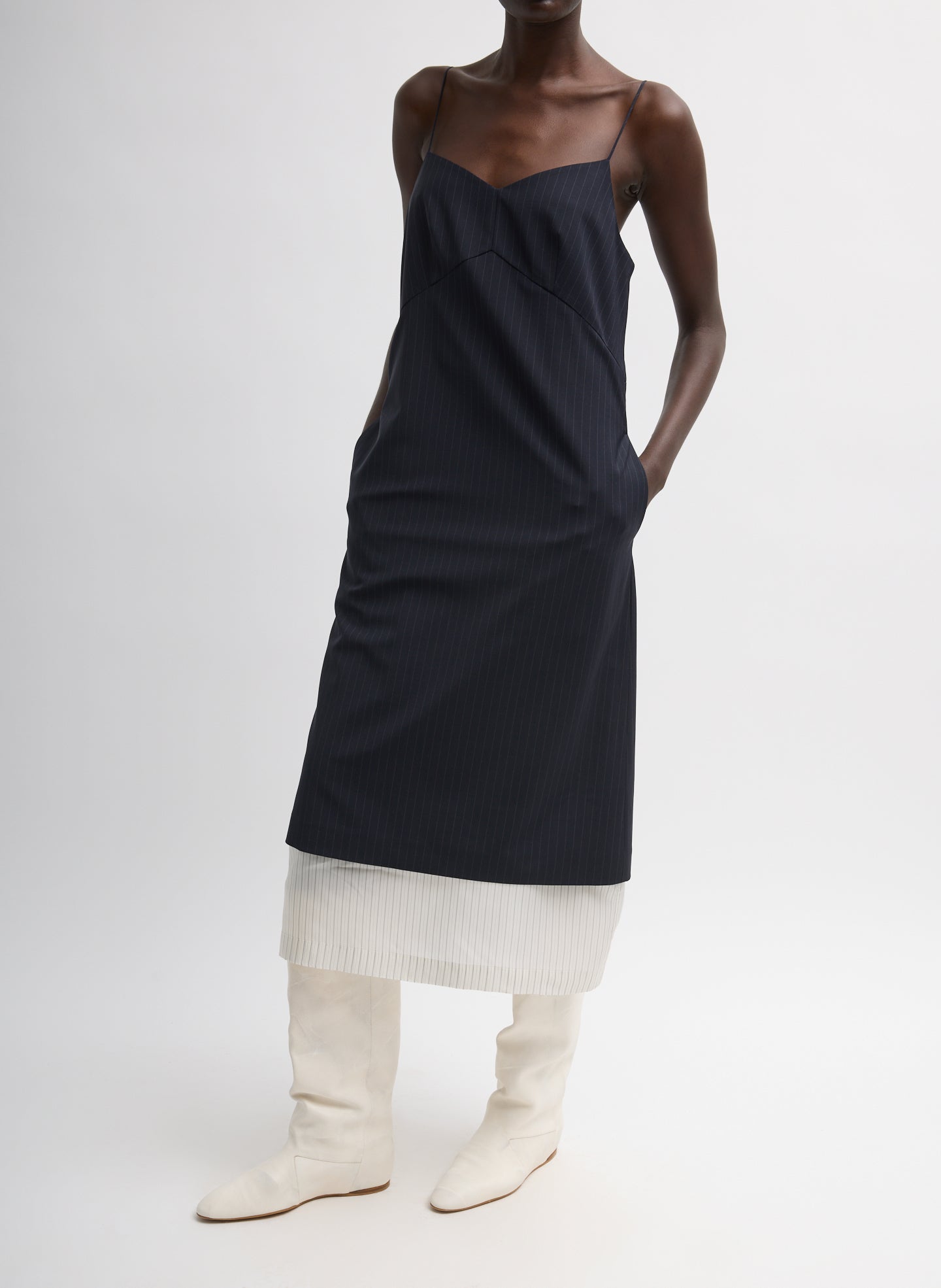 Navy Multi Mier Pinstripe Convertible Slip Dress - three-quarter view on model