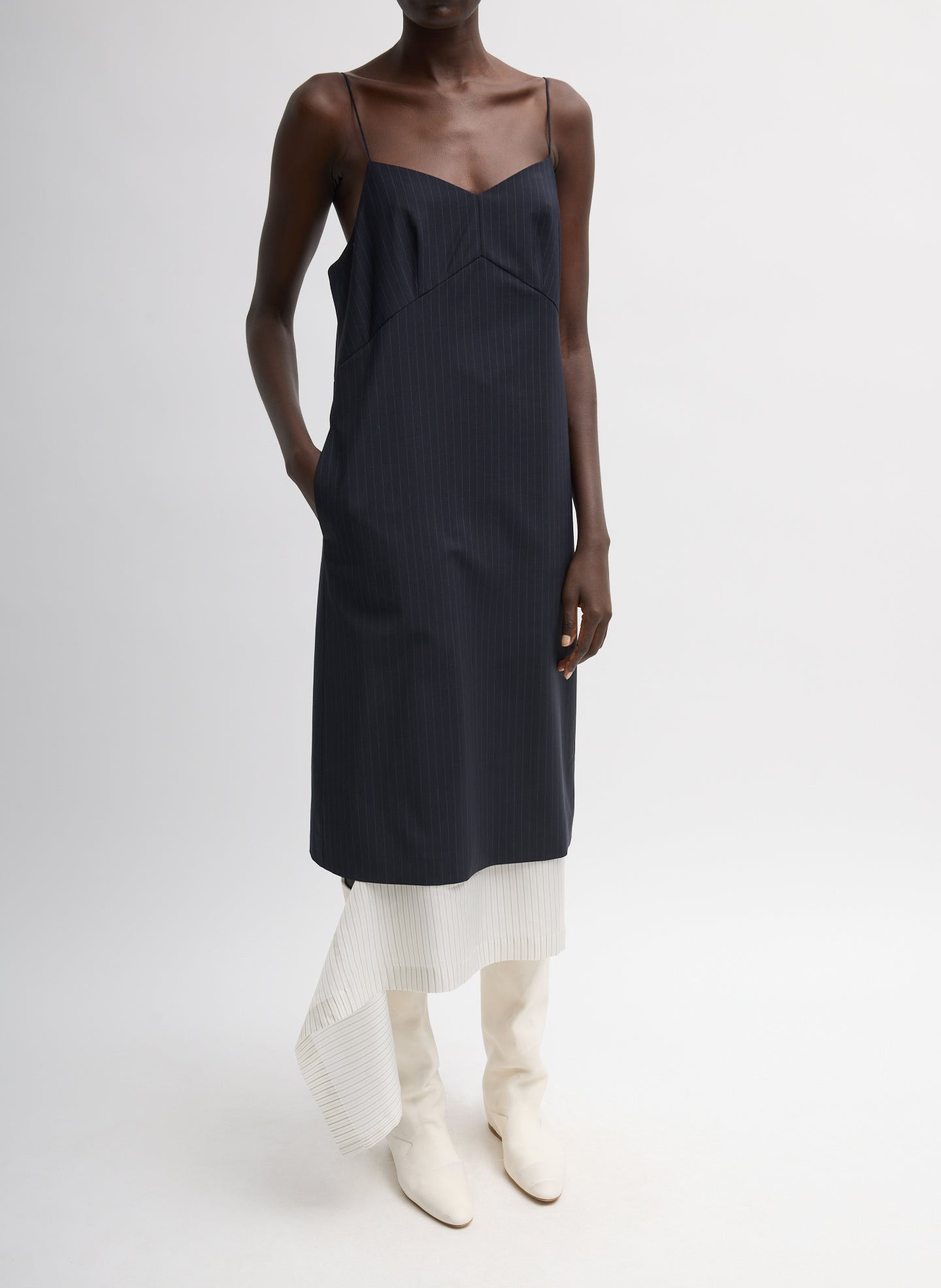 Navy Multi Mier Pinstripe Convertible Slip Dress - three-quarter view on model