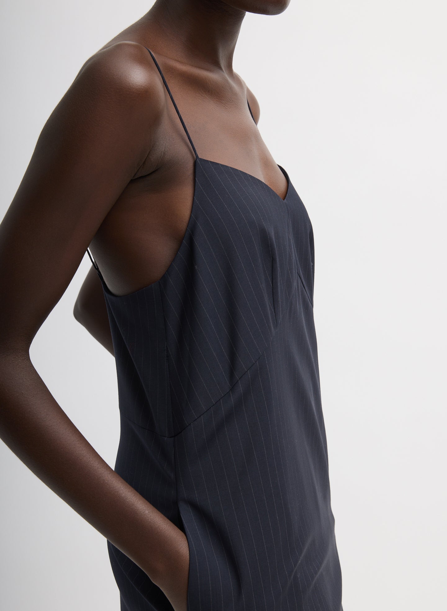 Navy Multi Mier Pinstripe Convertible Slip Dress - closeup of side