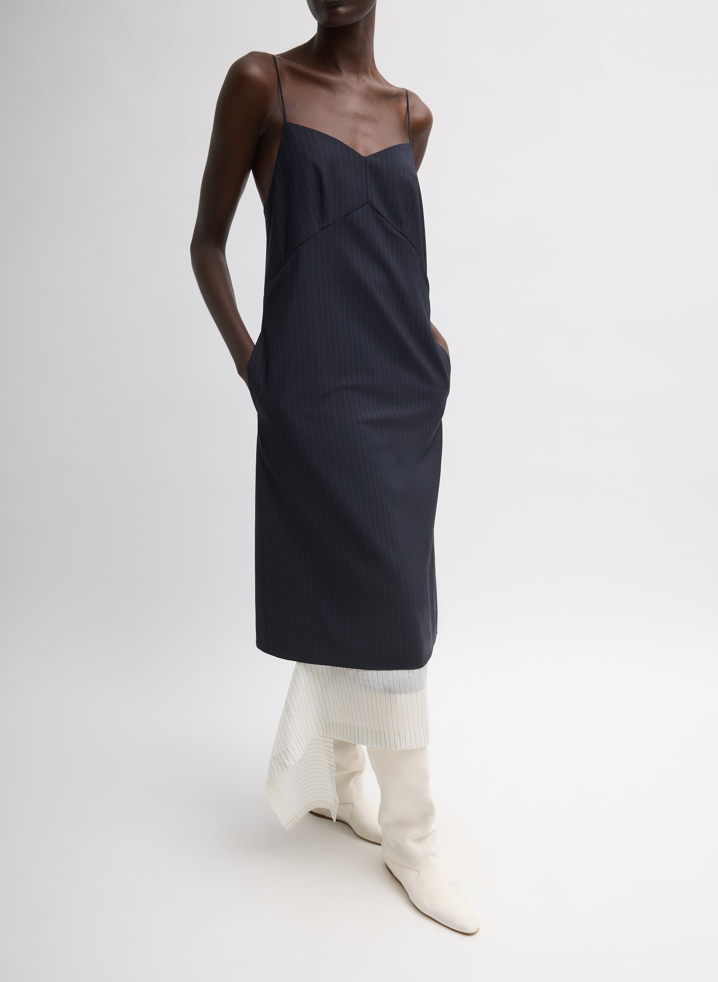Navy Multi Mier Pinstripe Convertible Slip Dress - three-quarter view on model