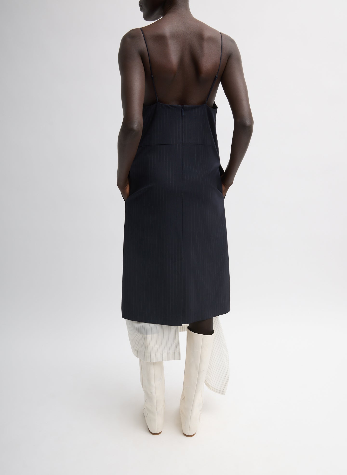 Navy Multi Mier Pinstripe Convertible Slip Dress - back view on model