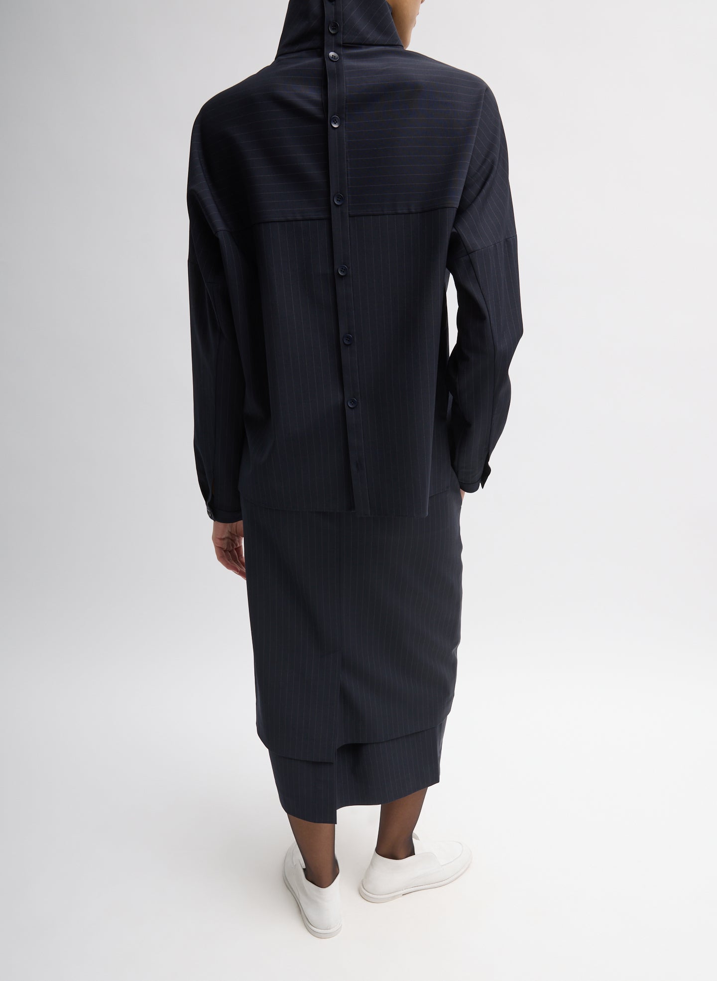 Navy Multi Mier Pinstripe Convertible Skirt - with matching detachable panel, back view on model