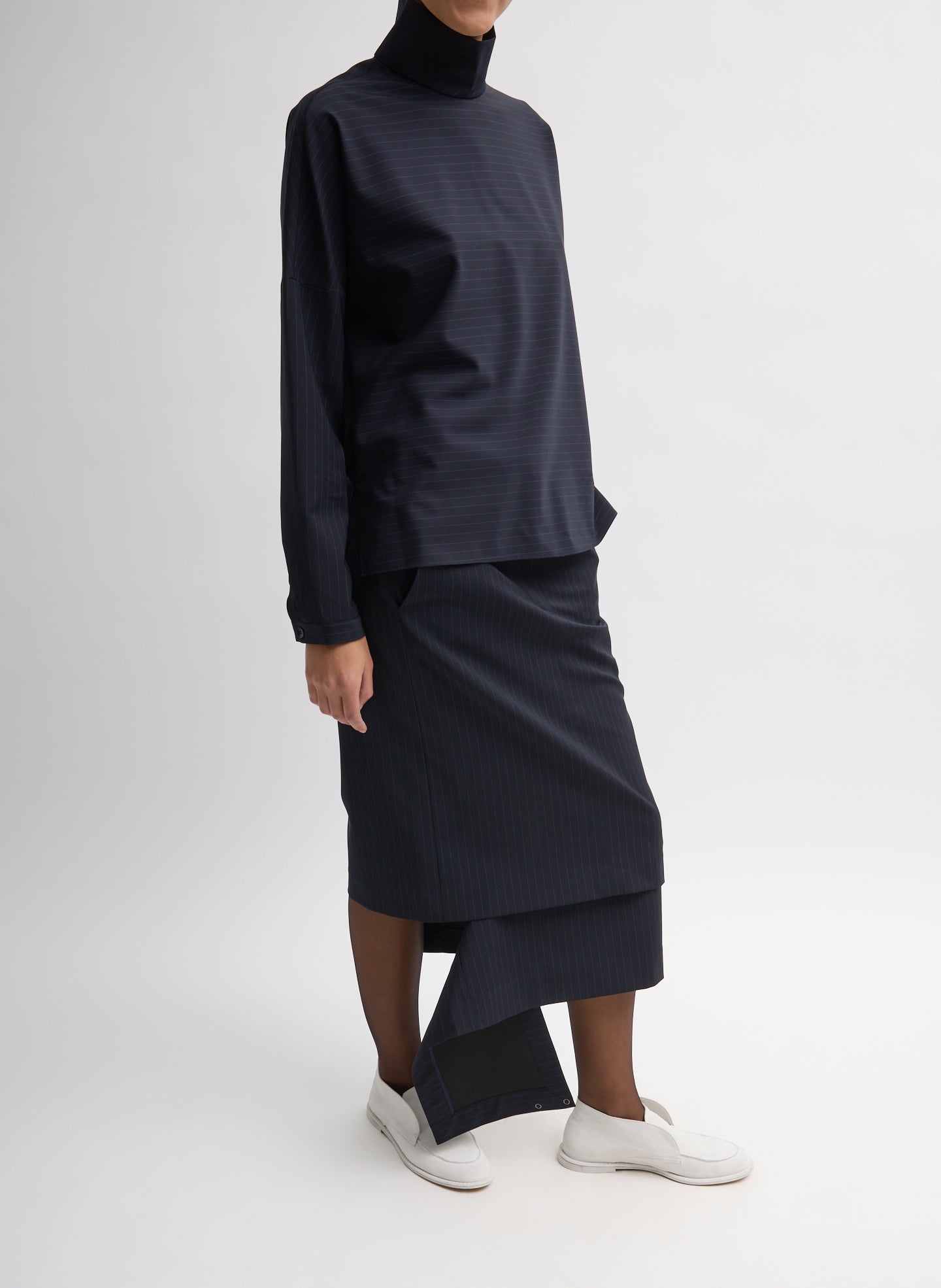 Navy Multi Mier Pinstripe Convertible Skirt - full look, three-quarter view on model