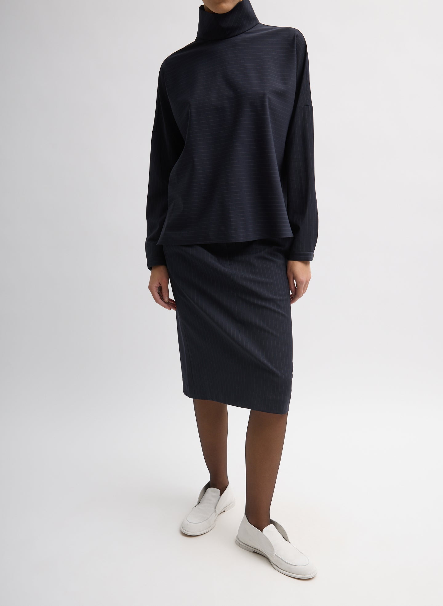 Navy Multi Mier Pinstripe Convertible Skirt - without detachable panel, front view on model