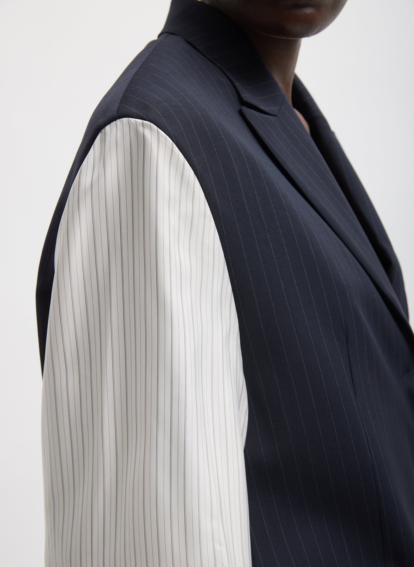 Navy Multi Mier Pinstripe Blazer With Combo Sleeves - closeup of stripe pattern and contrast sleeve