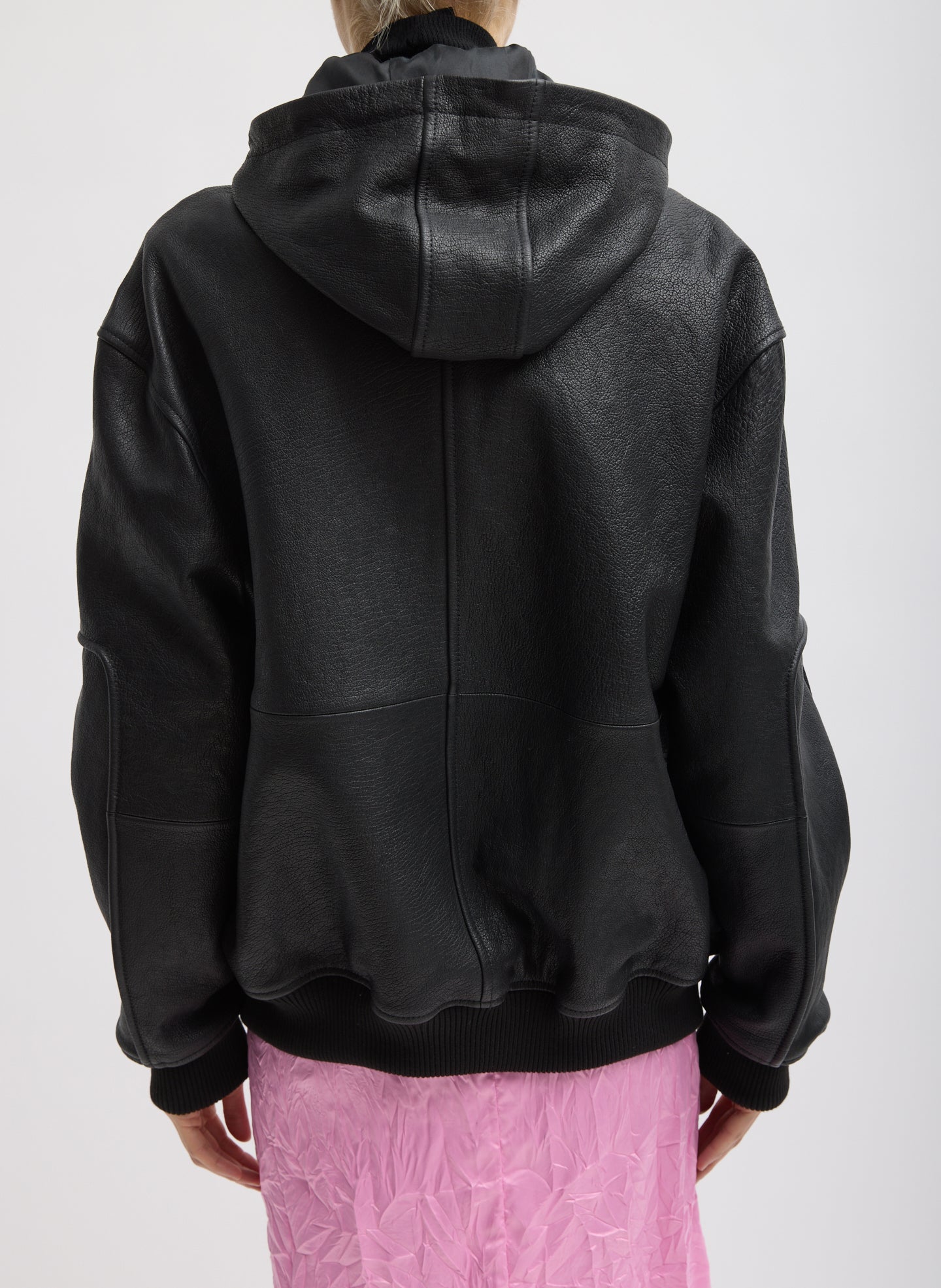 Black Pebbled Leather Zip Up Hoodie Jacket - back view on model