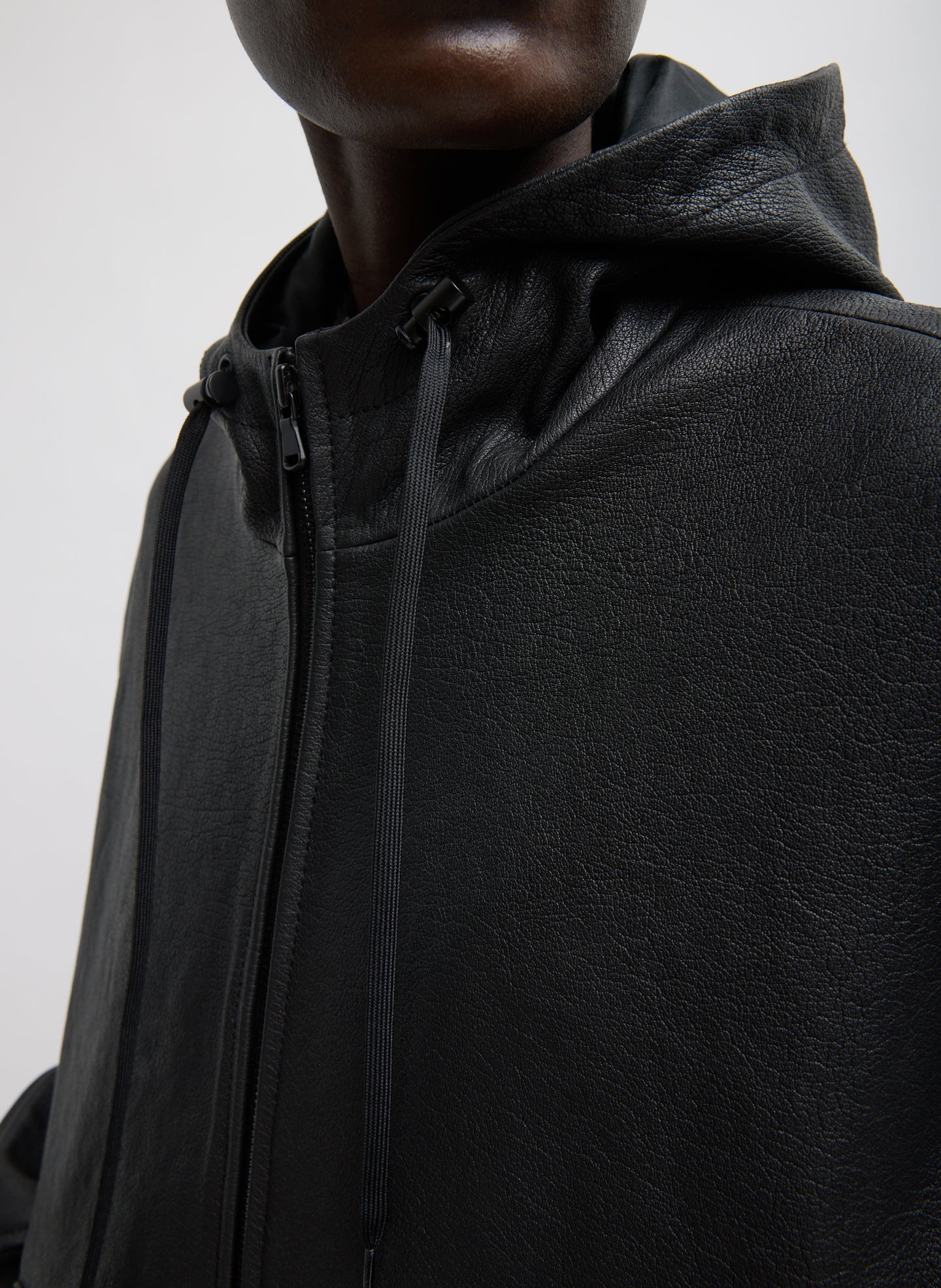 Black Pebbled Leather Zip Up Hoodie Jacket - closeup of drawstring detail
