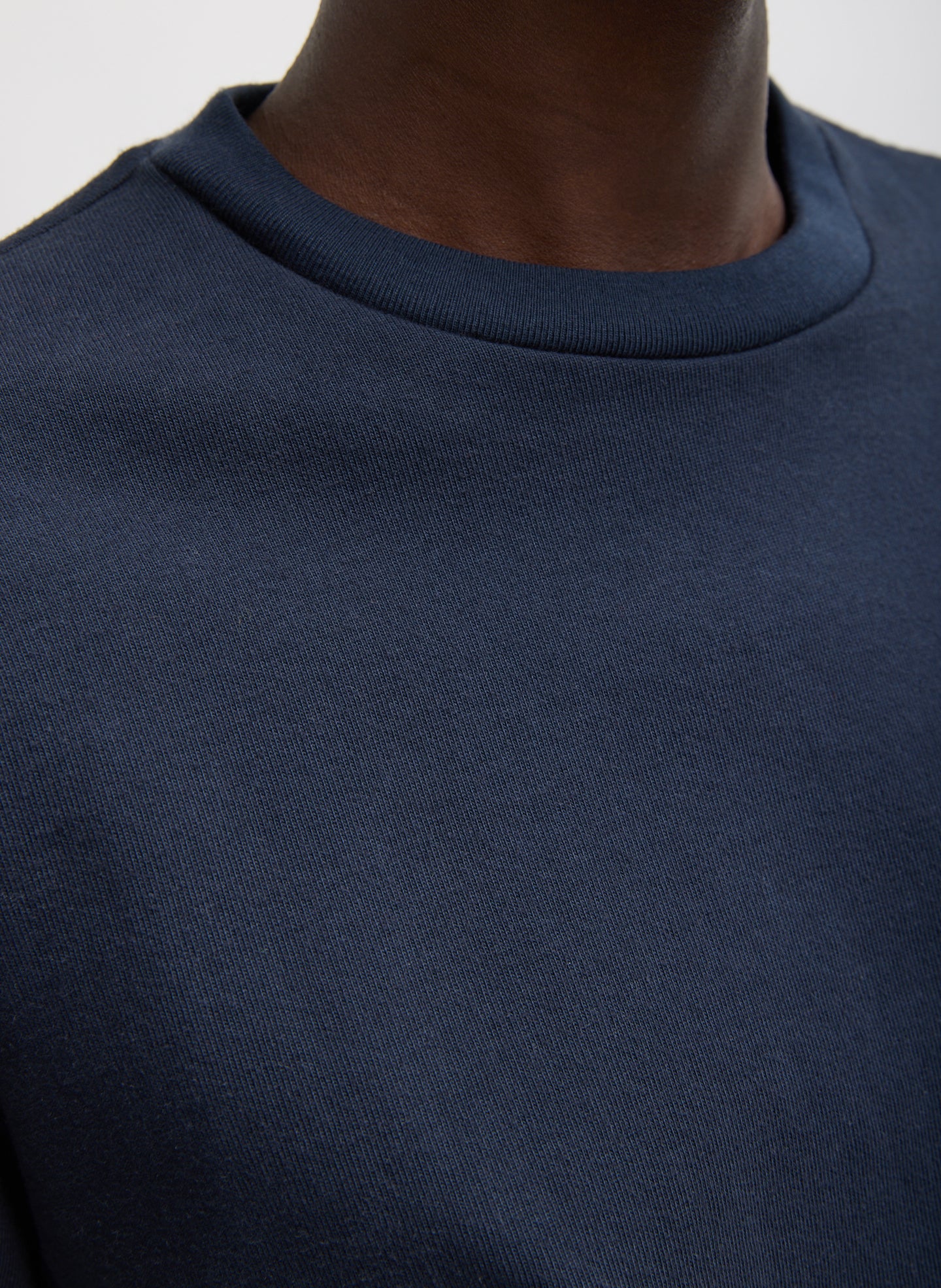 Navy Sport Knit Crewneck T-Shirt With Crochet Trim - closeup of crewneck neckline