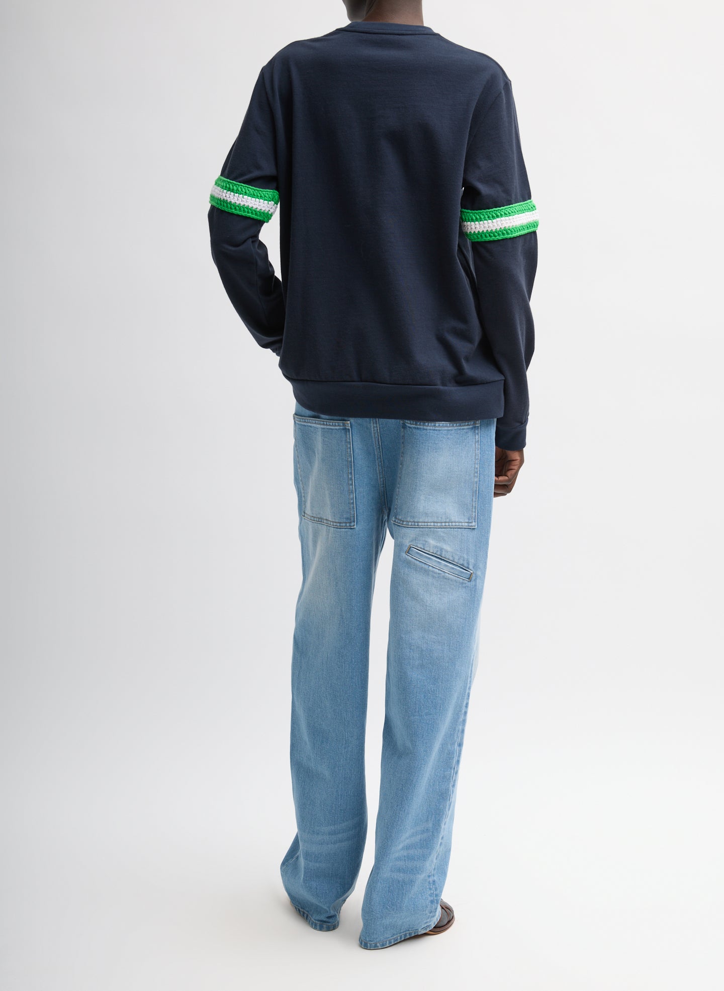Navy Sport Knit Crewneck T-Shirt With Crochet Trim - green crochet trim, back view on model