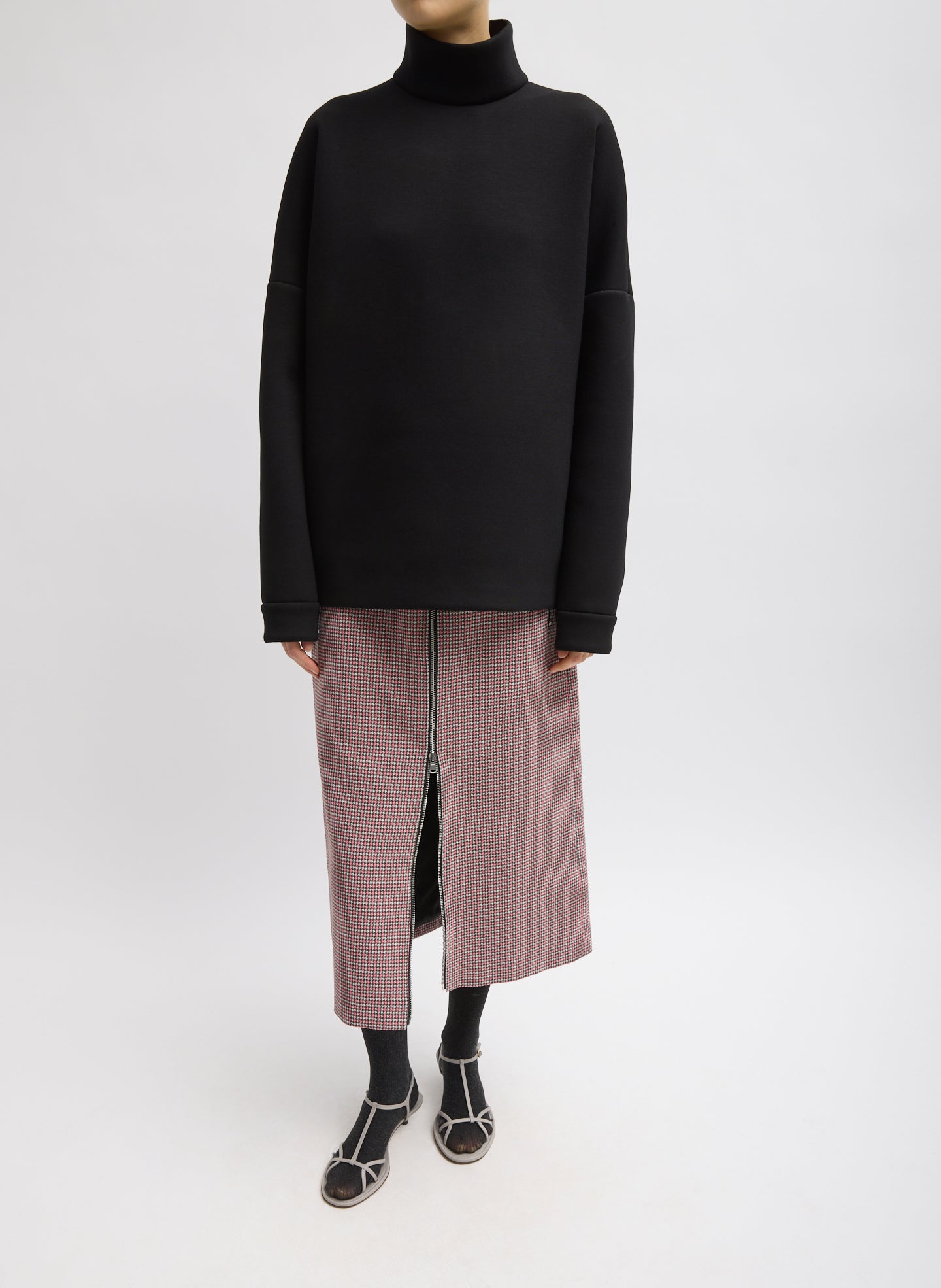 Black Structured Viscose Neck Dolman Sleeve Top - oversized fit, front view on model