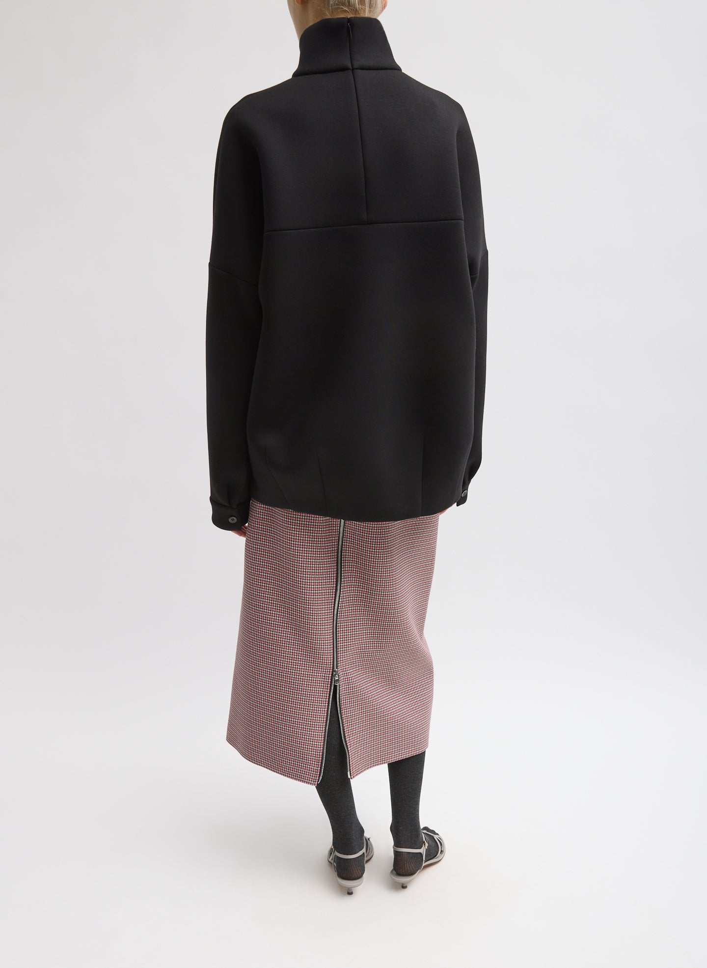Black Structured Viscose Neck Dolman Sleeve Top - oversized fit, back view on model