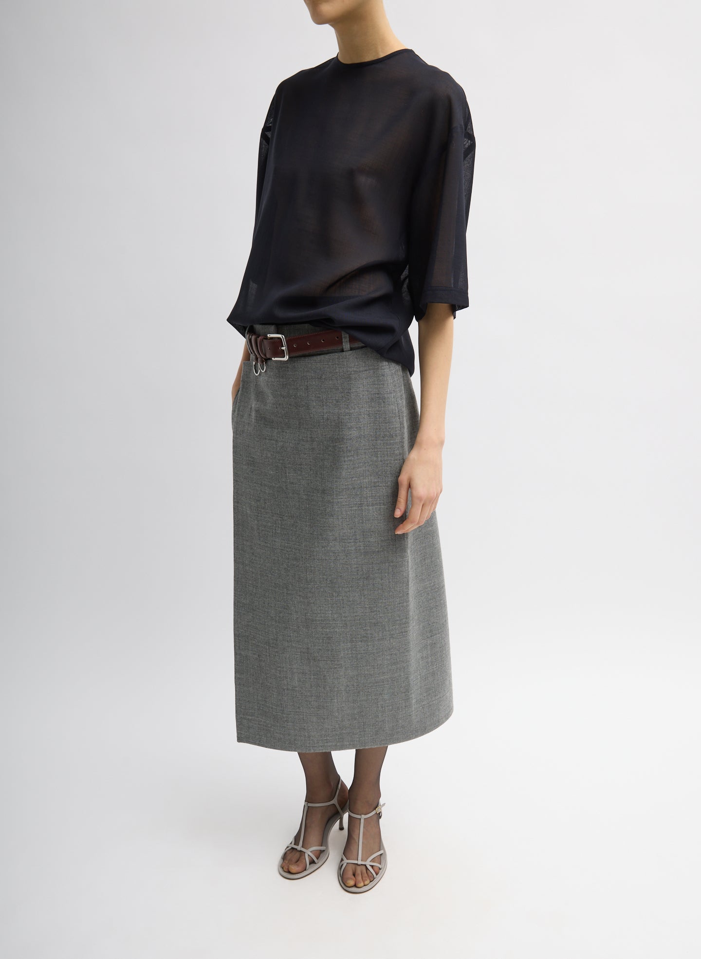 Grey Techy Bonded Wool Wrap Midi Skirt - belted, side view on model