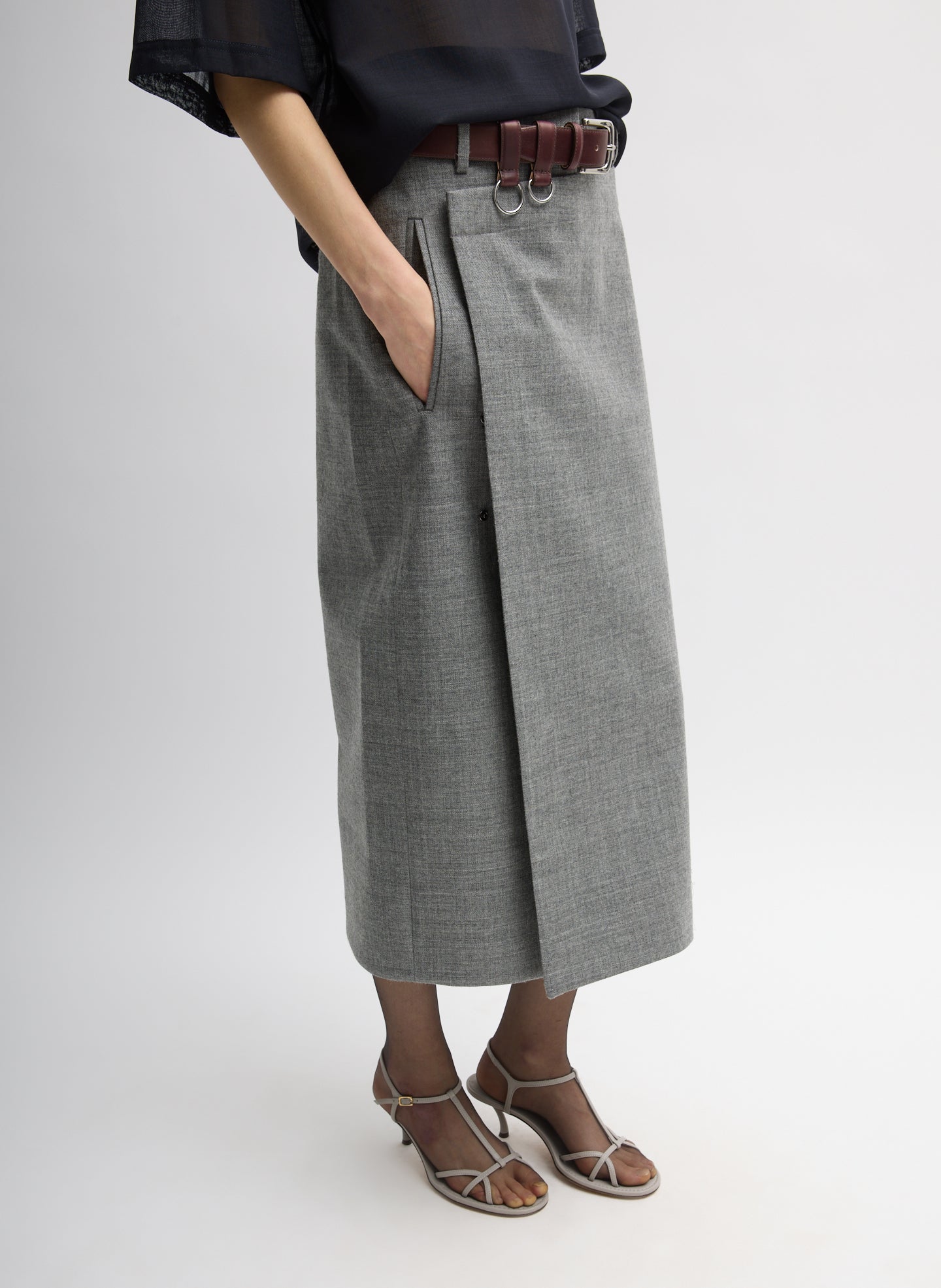 Grey Techy Bonded Wool Wrap Midi Skirt - belted, side view on model