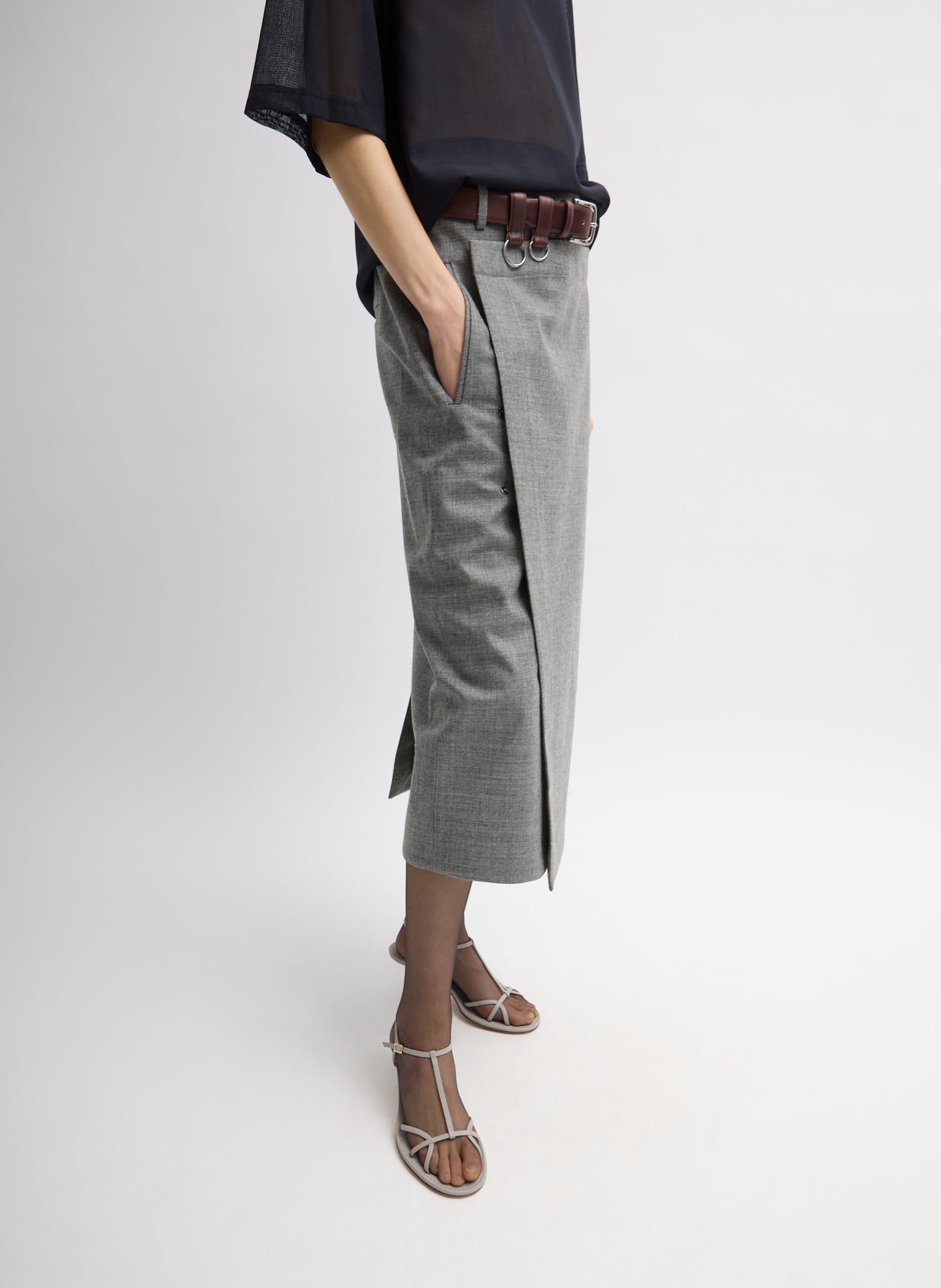 Grey Techy Bonded Wool Wrap Midi Skirt - belted, side view on model