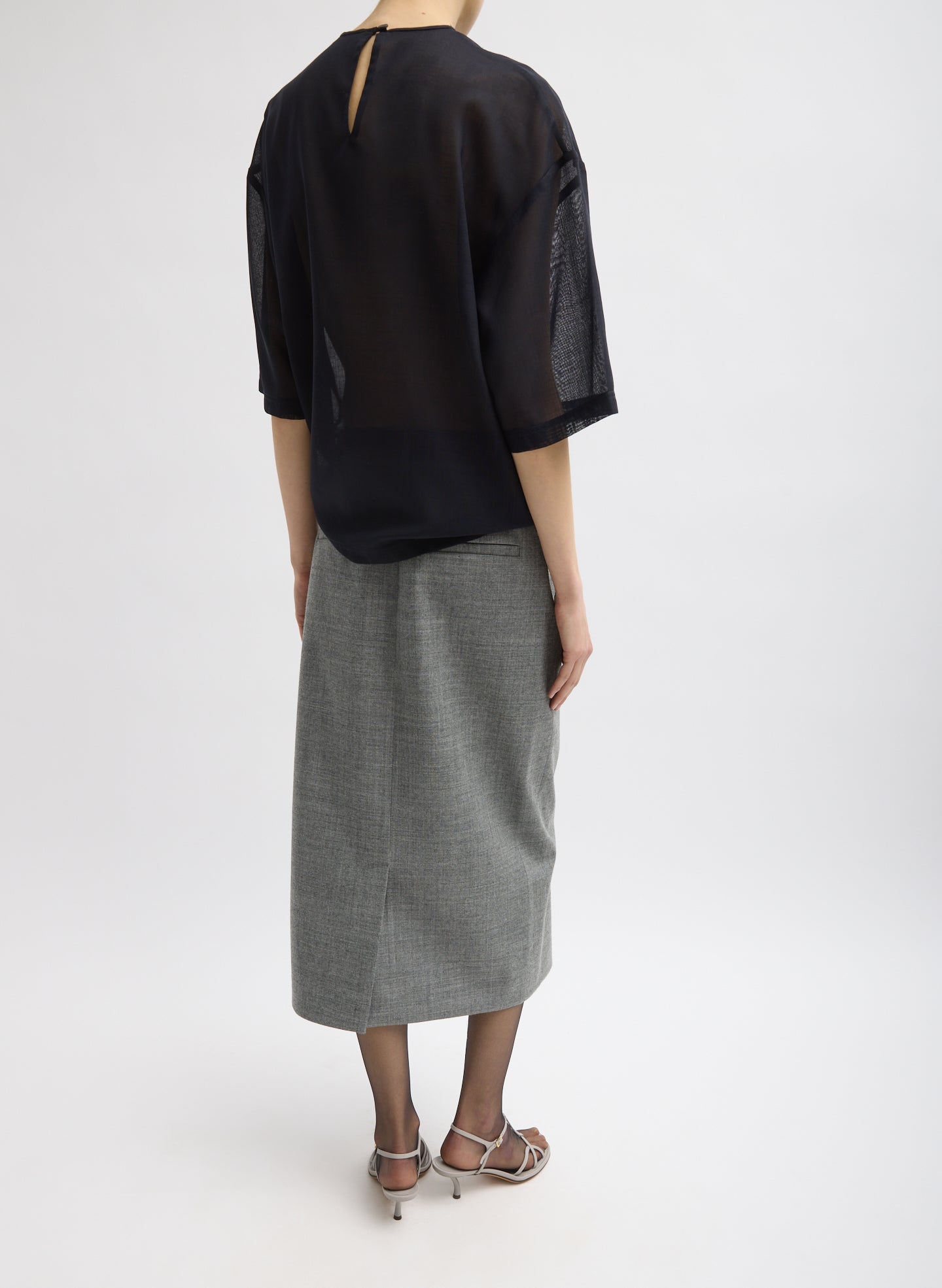 Grey Techy Bonded Wool Wrap Midi Skirt - full look back view on model