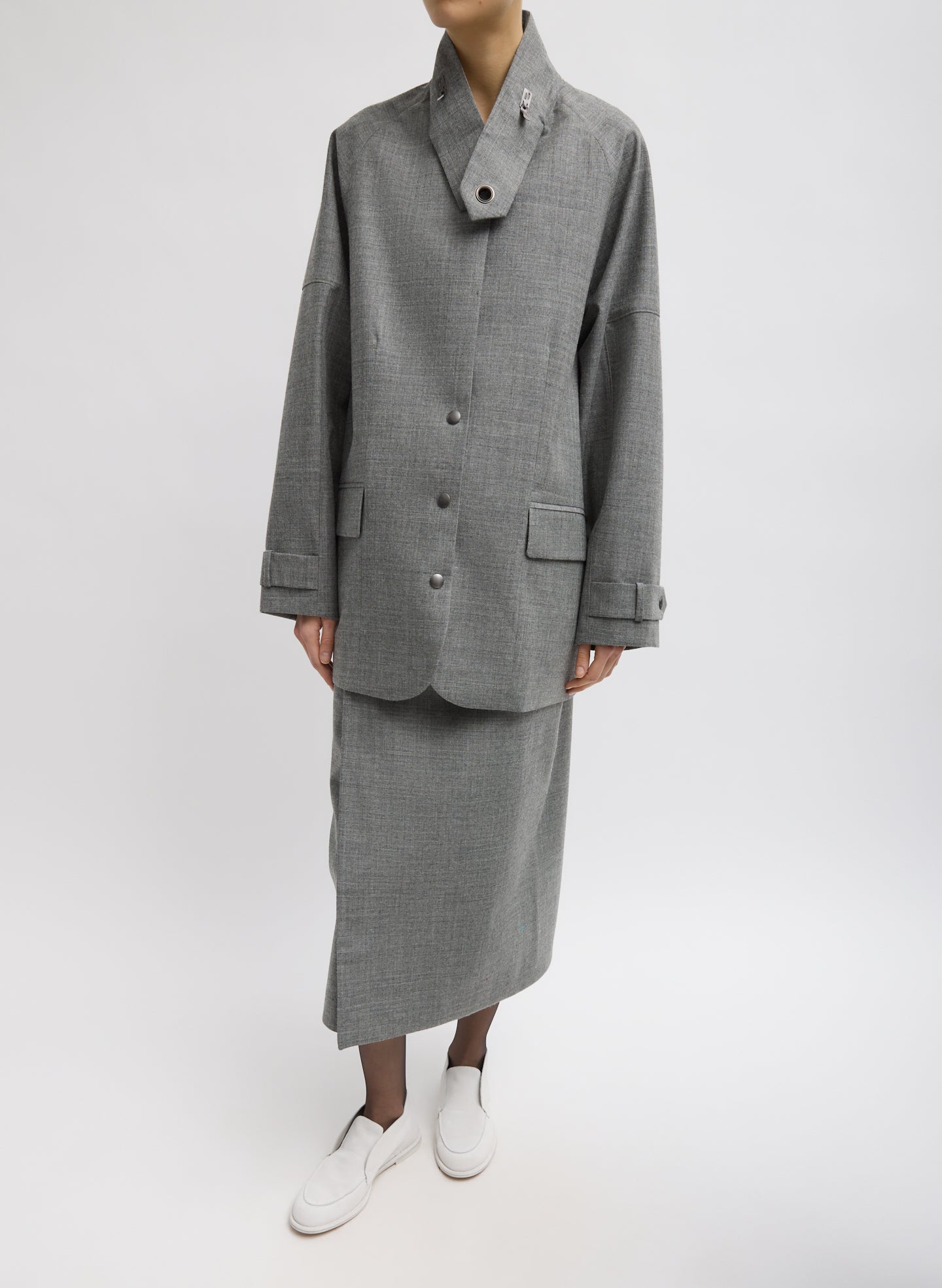 Grey Techy Bonded Wool Olivier Blazer - undone collar, front view on model