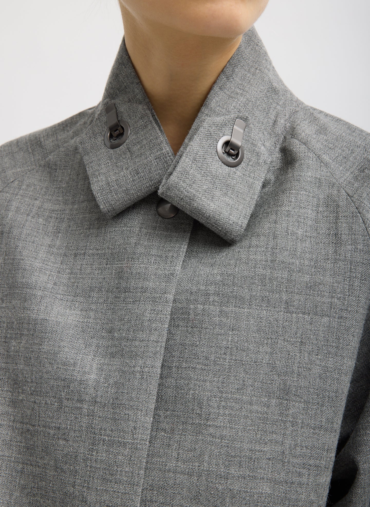 Grey Techy Bonded Wool Olivier Blazer - closeup of metal clasp detail at collar