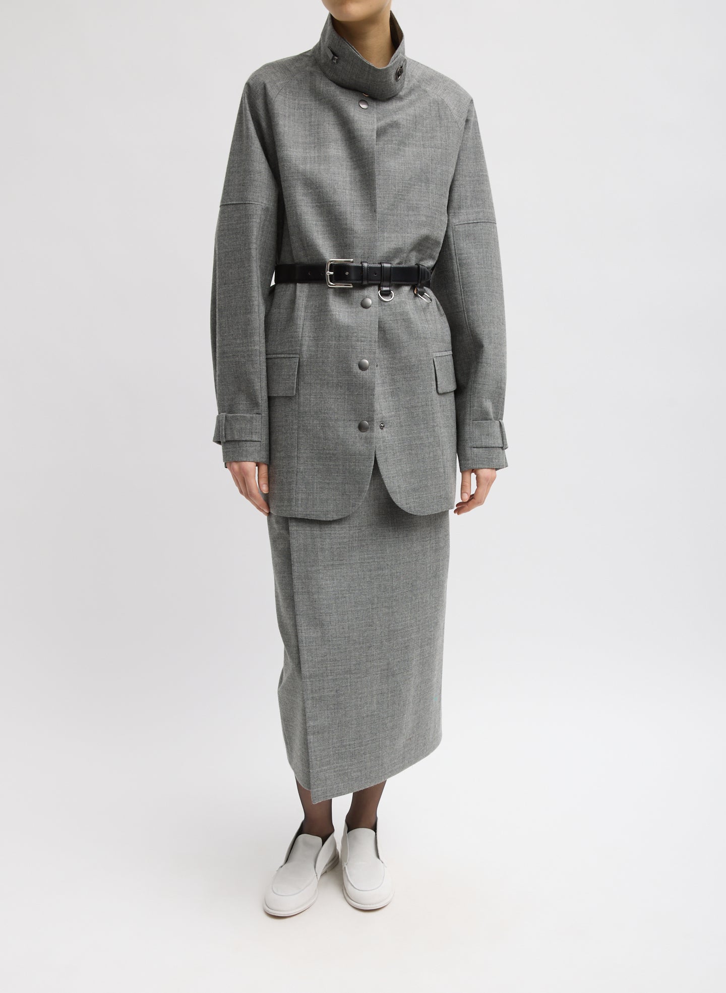 Grey Techy Bonded Wool Olivier Blazer - belted, front view on model