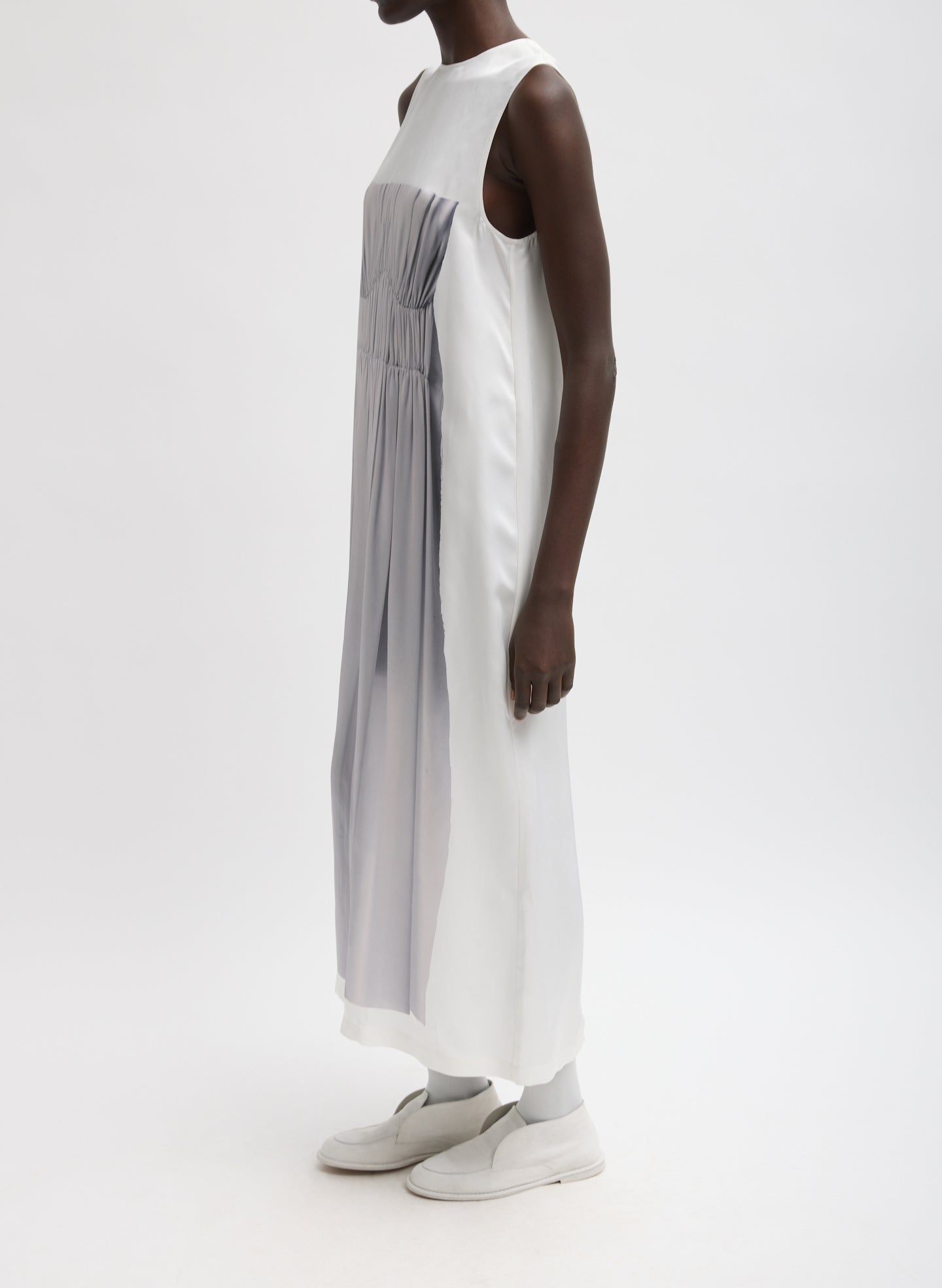 Grey Trompe L'oeil Dress - graphic print shift dress, side view on model