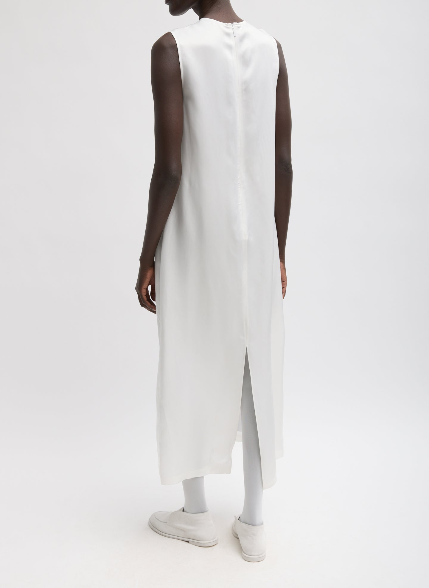 Grey Trompe L'oeil Dress - graphic print shift dress, back view on model