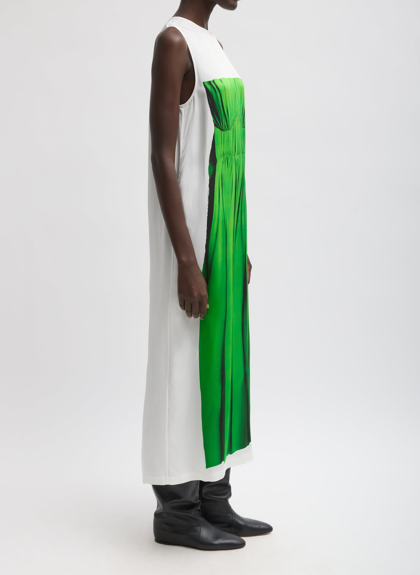Green Multi Trompe L'oeil Dress - graphic printed shift dress, side view on model