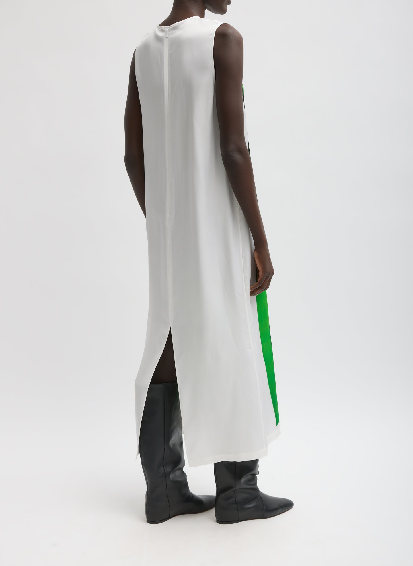 Green Multi Trompe L'oeil Dress - graphic printed shift dress, back view on model