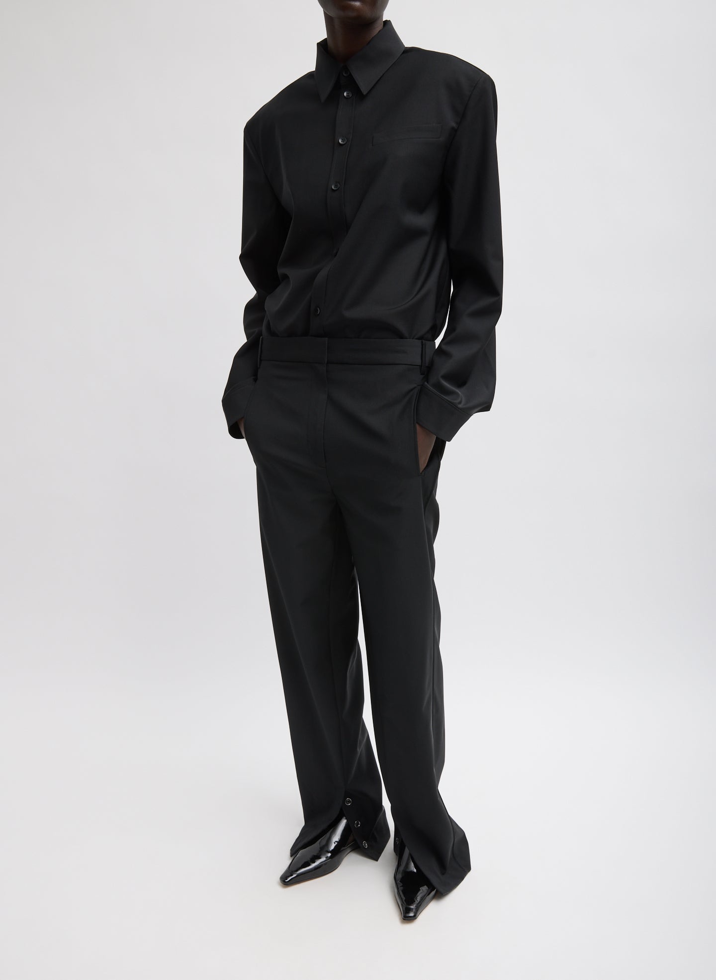 Black Recycled Tropical Wool Jules Trouser - snap hem, full look, front view on model