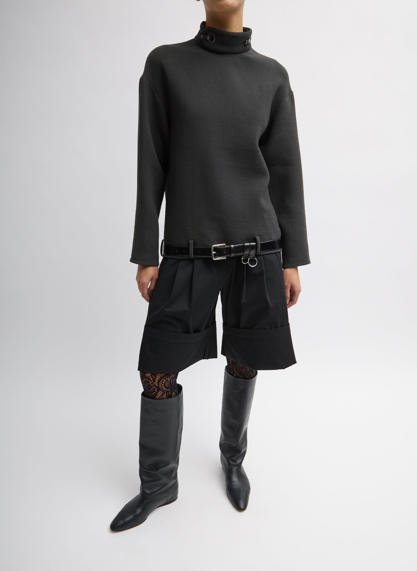 Dark Grey Wool Crepe Fontaine Tunic Top - belted, full look on model