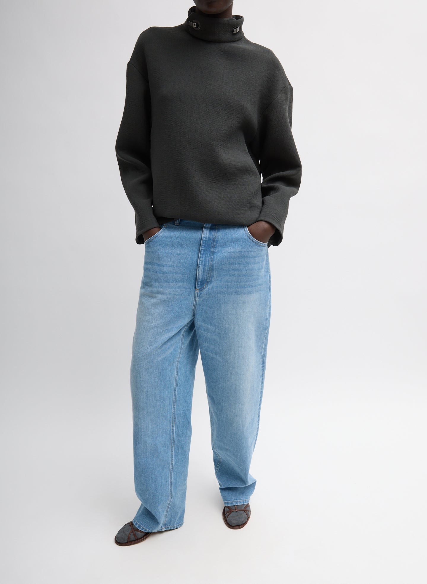 Dark Grey Wool Crepe Fontaine Tunic Top - full look, front view on model