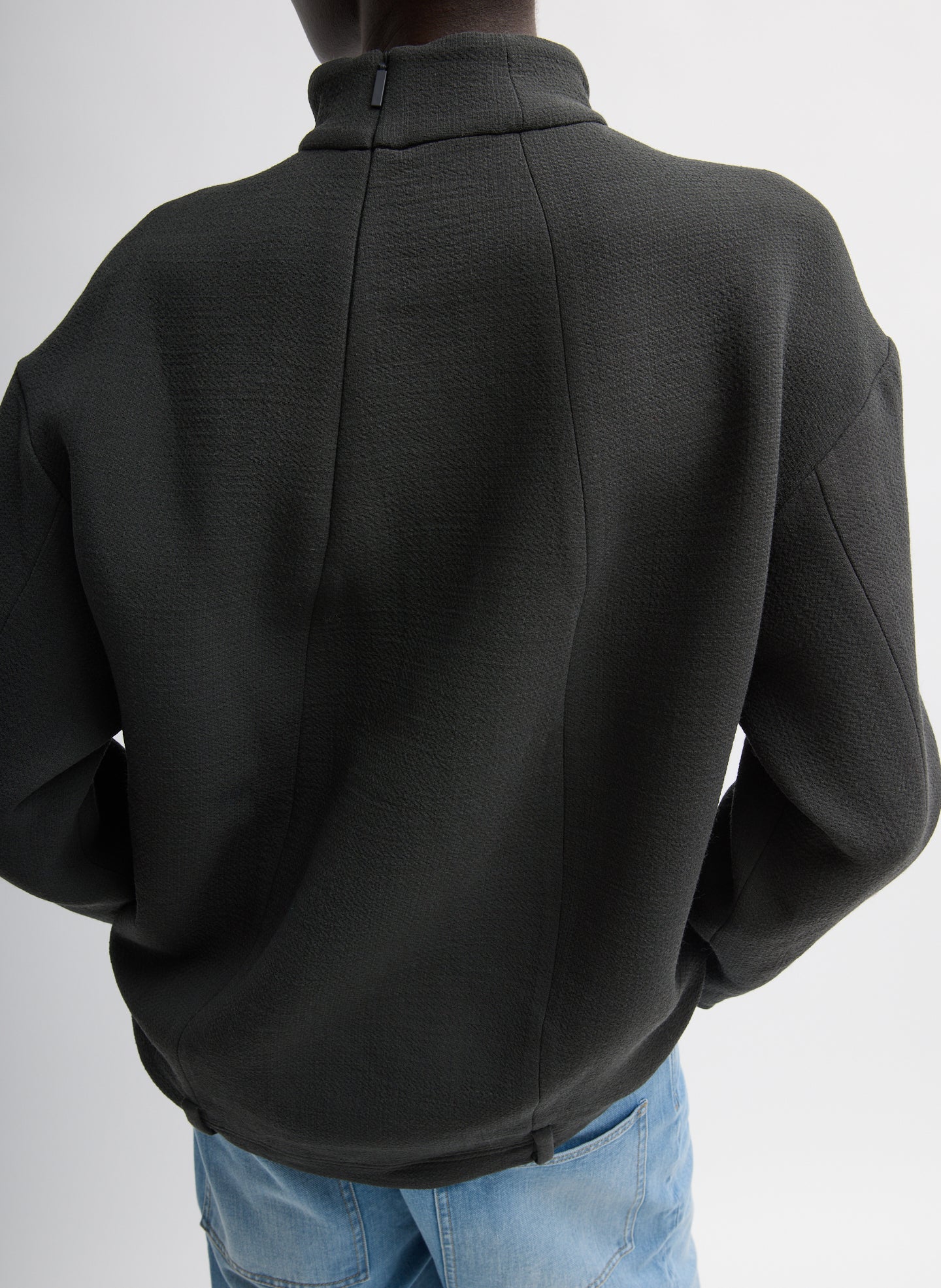 Dark Grey Wool Crepe Fontaine Tunic Top - funnel neck, back view on model