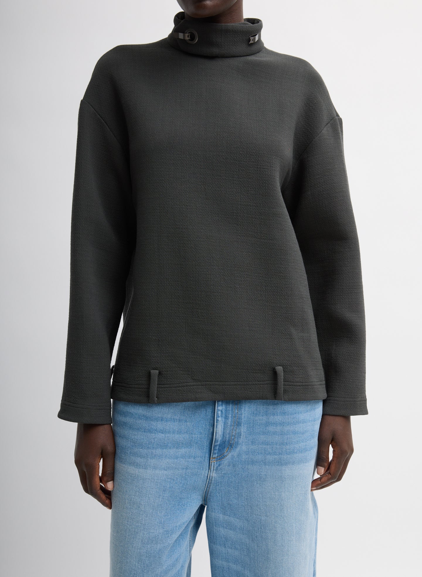 Dark Grey Wool Crepe Fontaine Tunic Top - funnel neck, front view on model