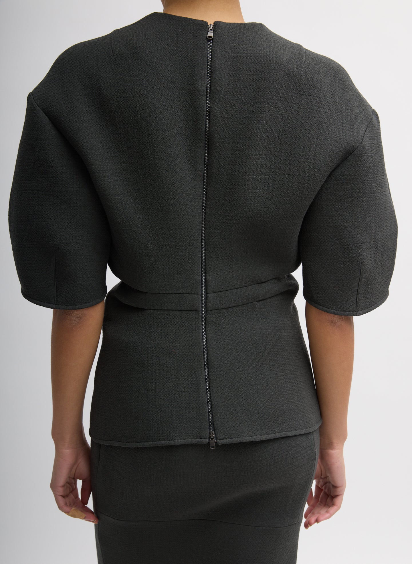 Dark Grey Wool Crepe Slit Front T-Shirt - back view on model, zip detail