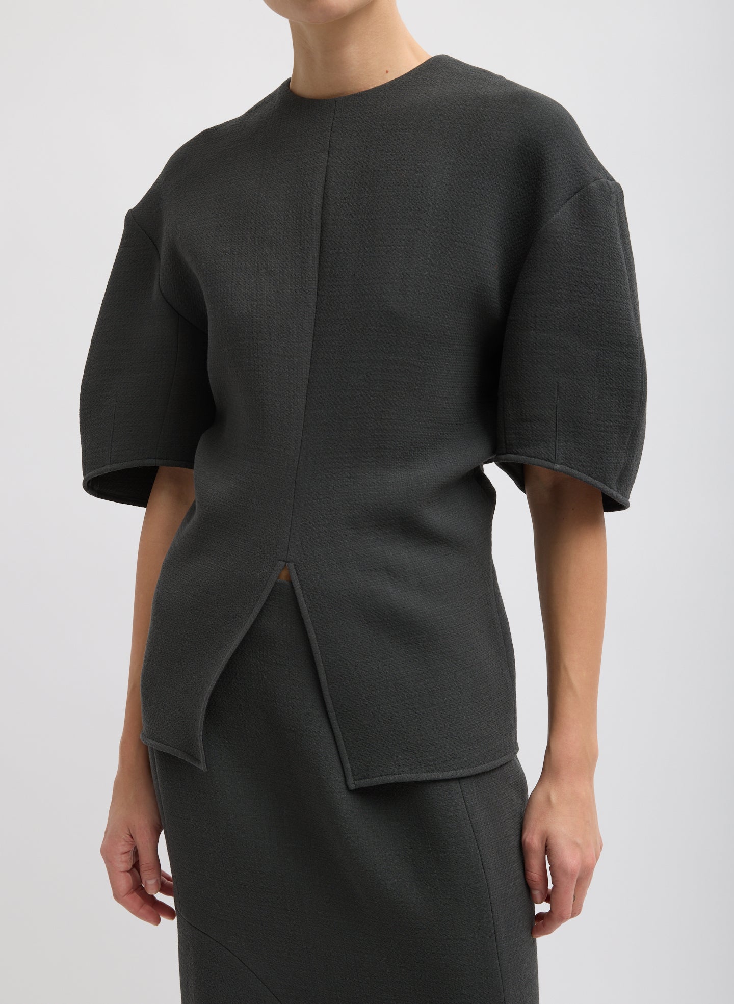 Dark Grey Wool Crepe Slit Front T-Shirt - front view on model