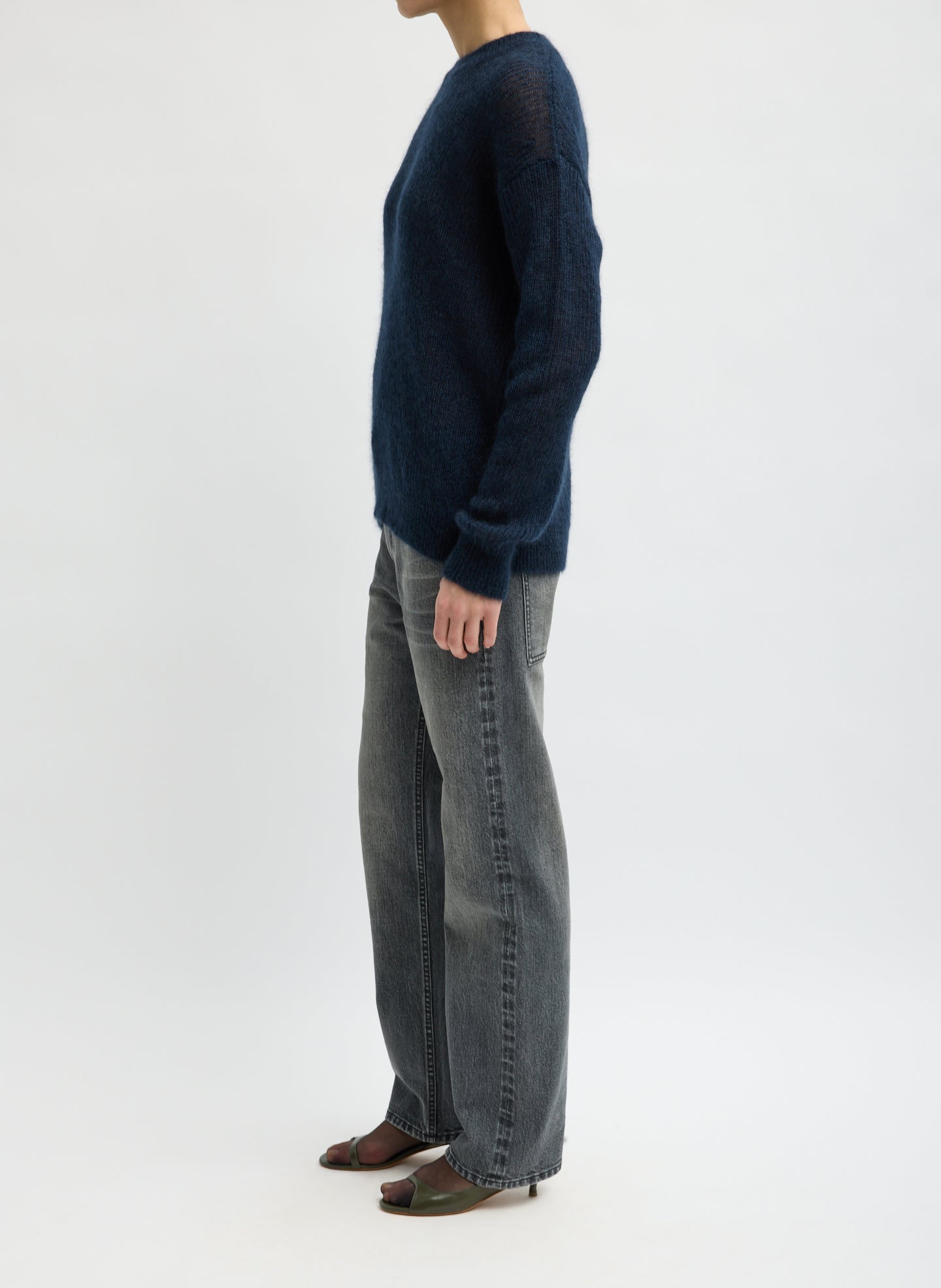 Vintage Black Stretch Selvedge Denim Charlotte Jean - straight leg, side view on model