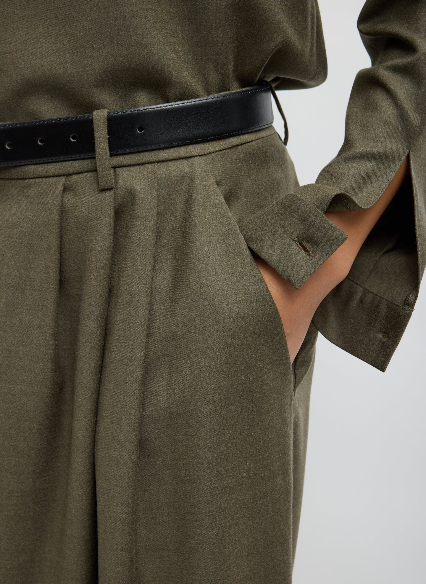 Army Green Cozy Flanner Triple Pleat Pant - closeup of pocket detail