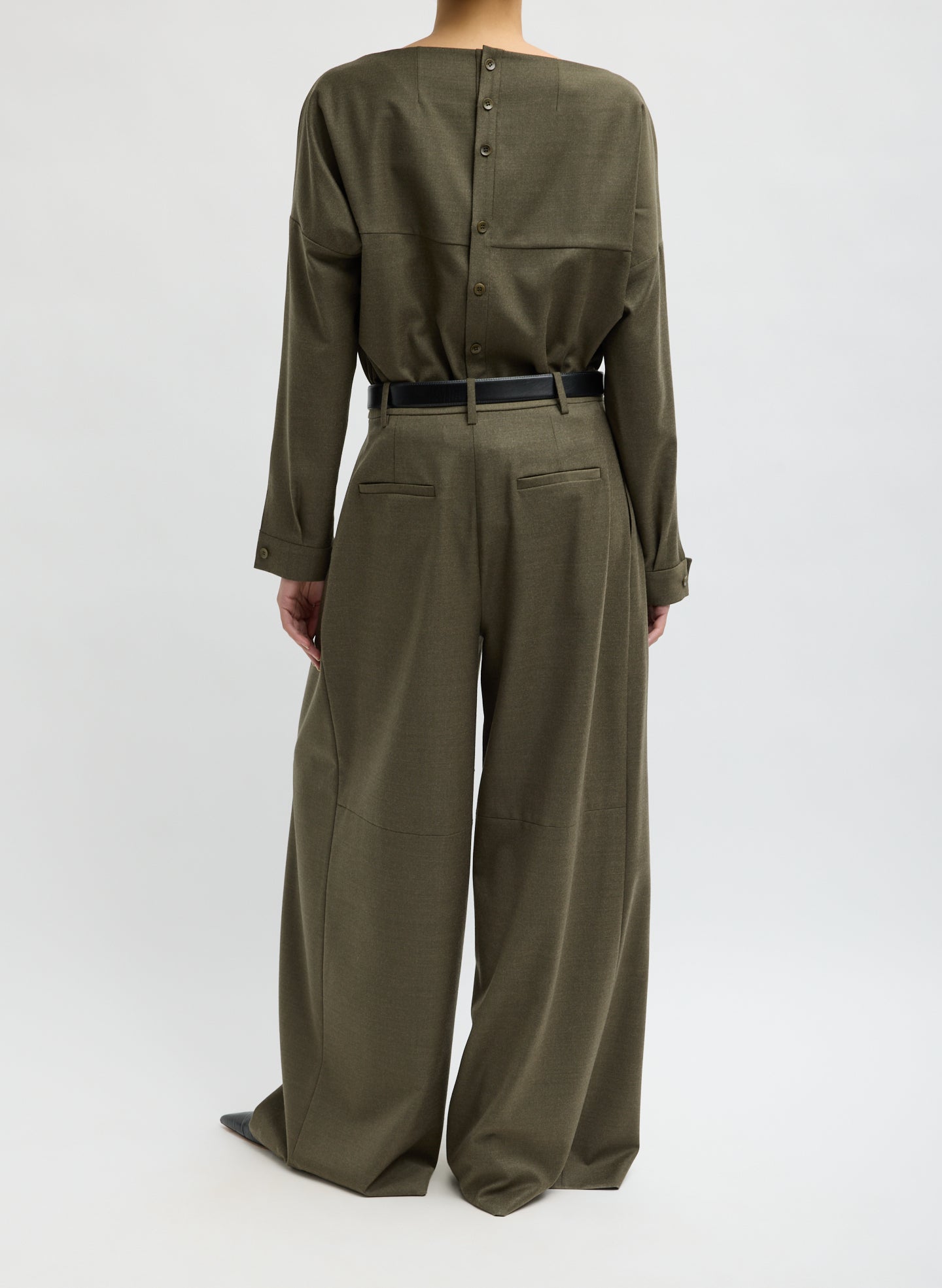 Army Green Cozy Flanner Triple Pleat Pant - wide leg pleated trouser, back view on model