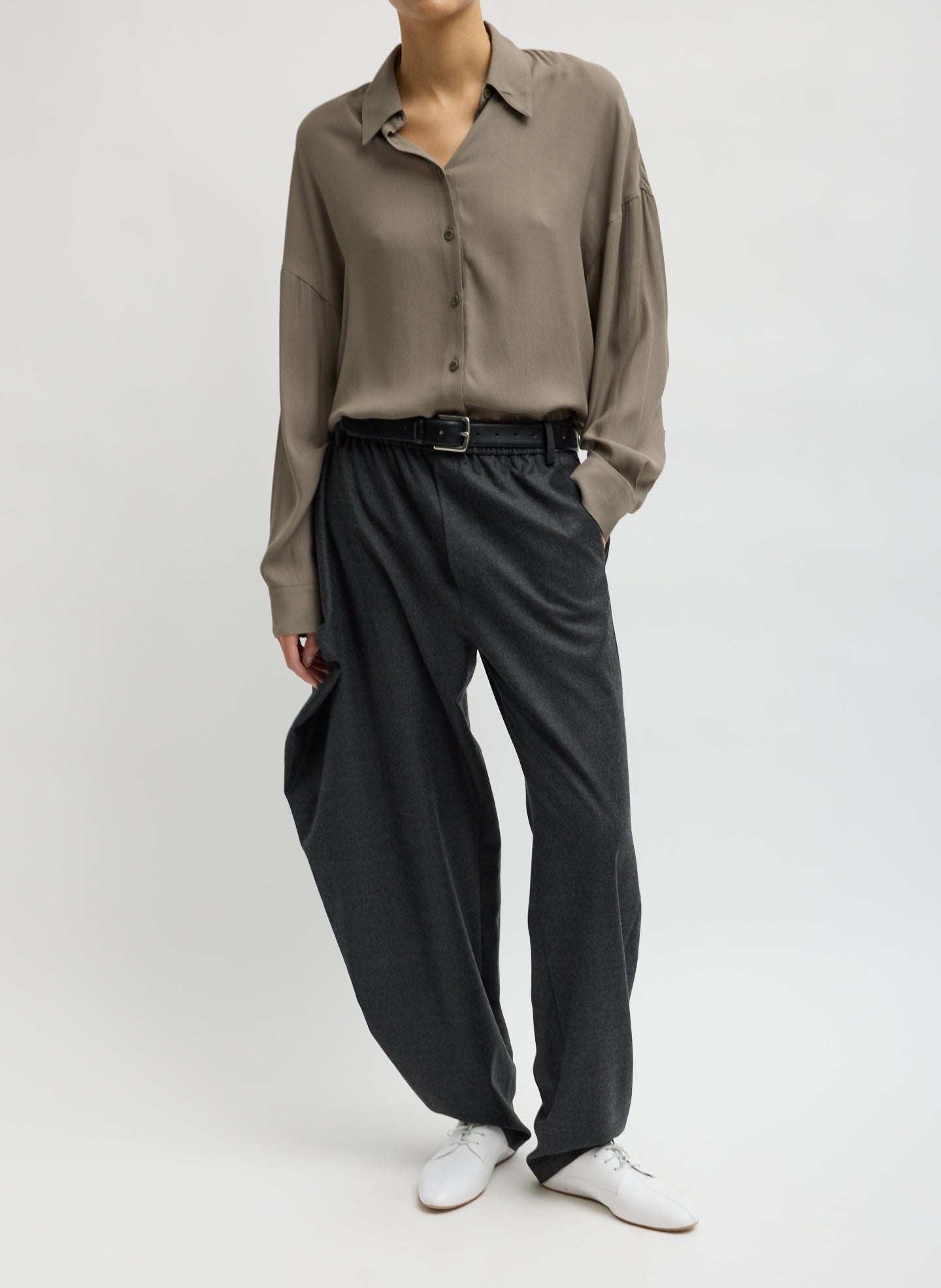 Dark Heather Grey Cozy Flannel Side Drape Pant - front view on model