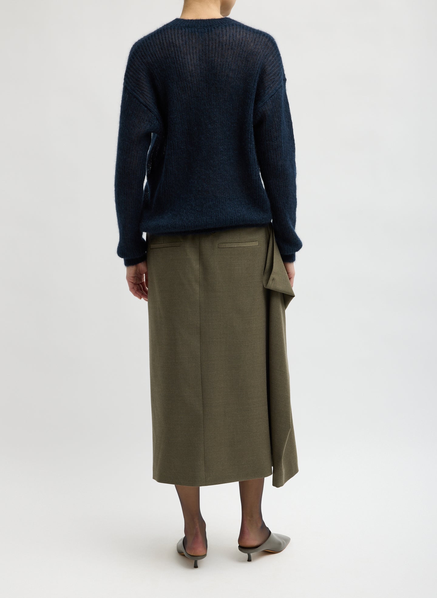 Army Green Cozy Flannel Midi Trouser Skirt with Side Drape - back view on model