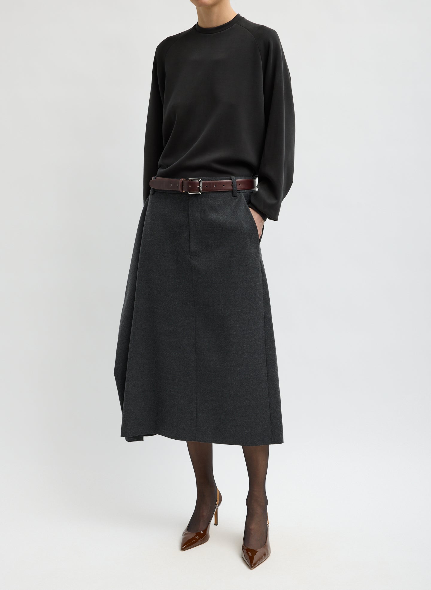 Dark Heather Grey Cozy Flannel Midi Trouser Skirt with Side Drape - front view on model
