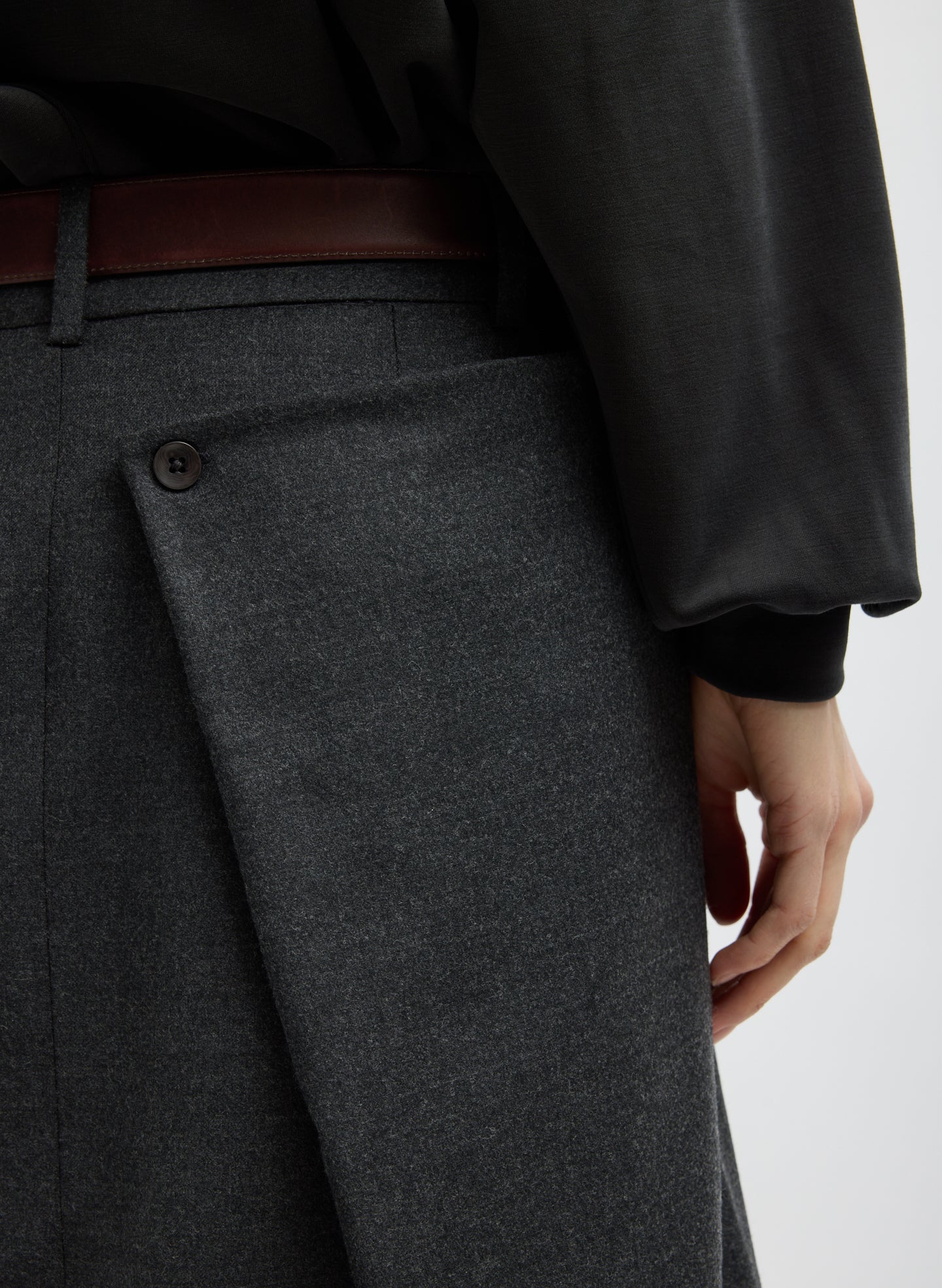 Dark Heather Grey Cozy Flannel Midi Trouser Skirt with Side Drape - closeup of back drape detail
