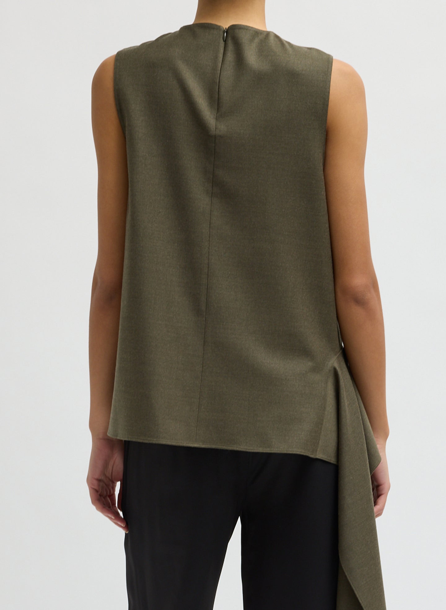 Army Green Cozy Flannel Asymmetrical Sleeveless Top - back view on model