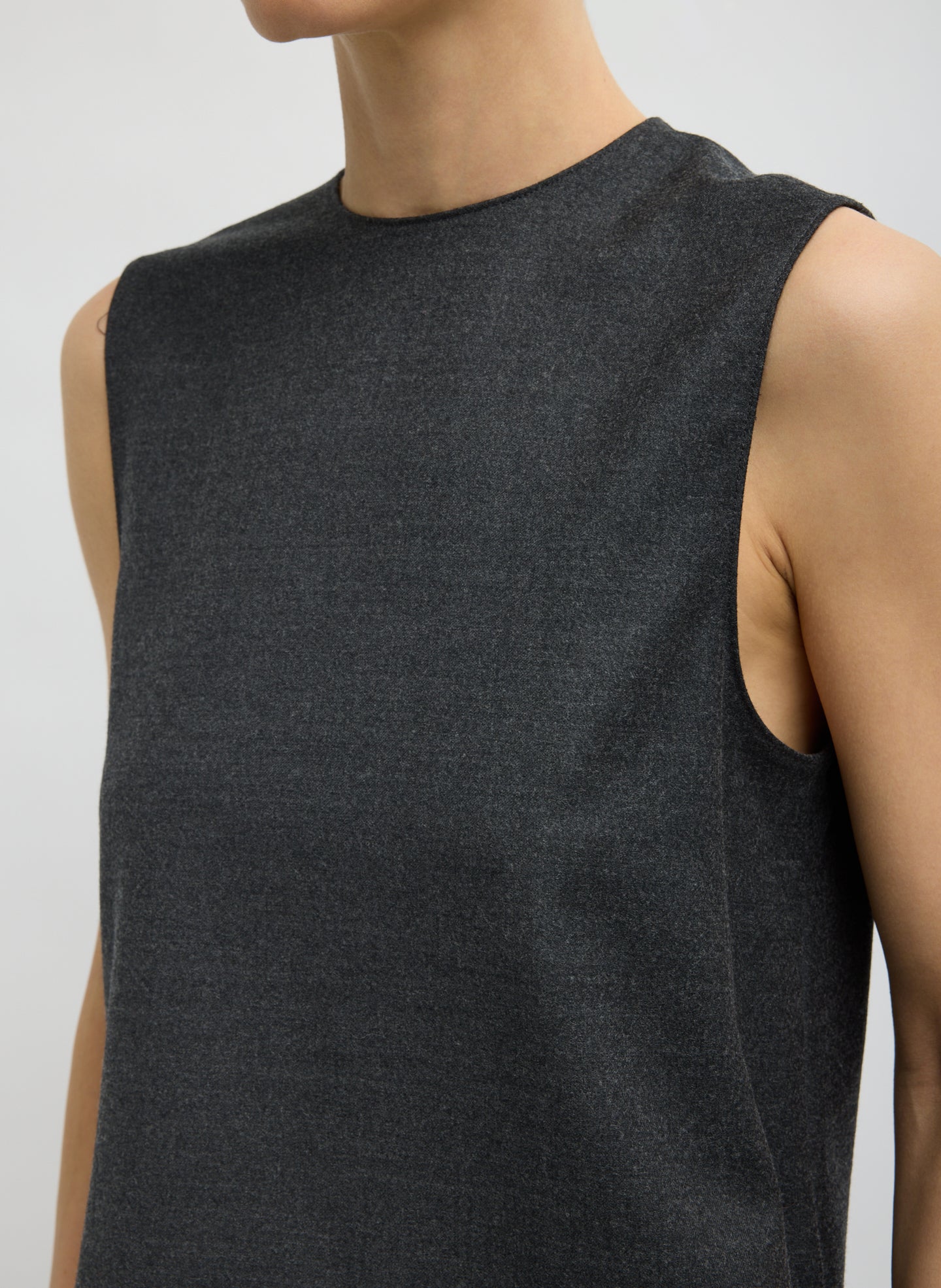 Dark Heather Grey Cozy Flannel Asymmetrical Sleeveless Top - closeup of neckline