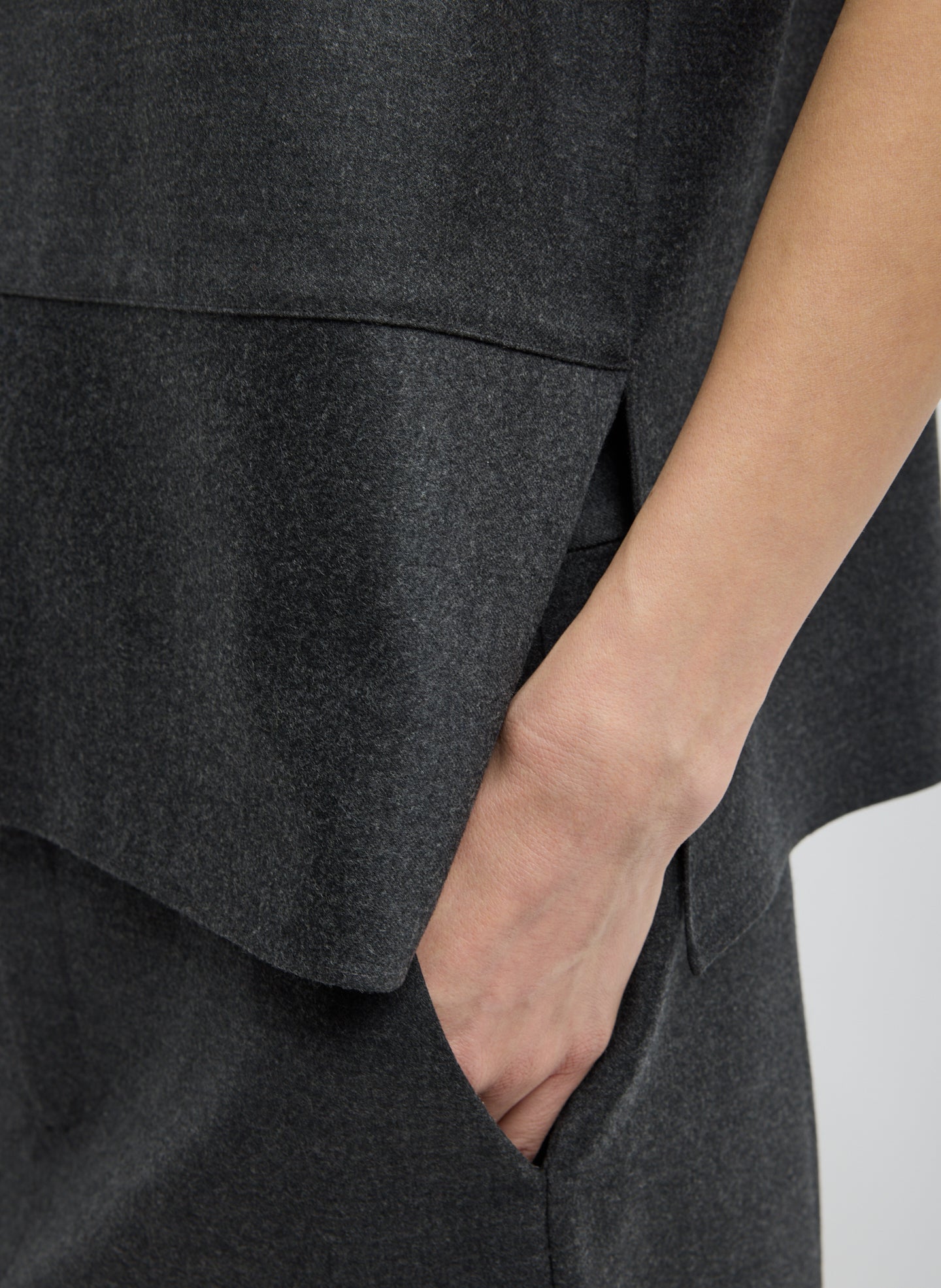 Dark Heather Grey Cozy Flannel Asymmetrical Sleeveless Top - closeup of side detail