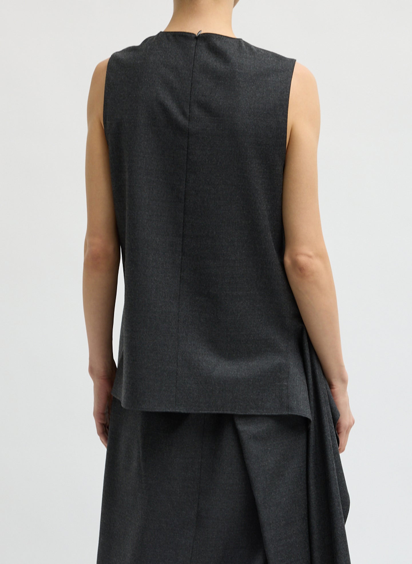 Dark Heather Grey Cozy Flannel Asymmetrical Sleeveless Top - back view on model