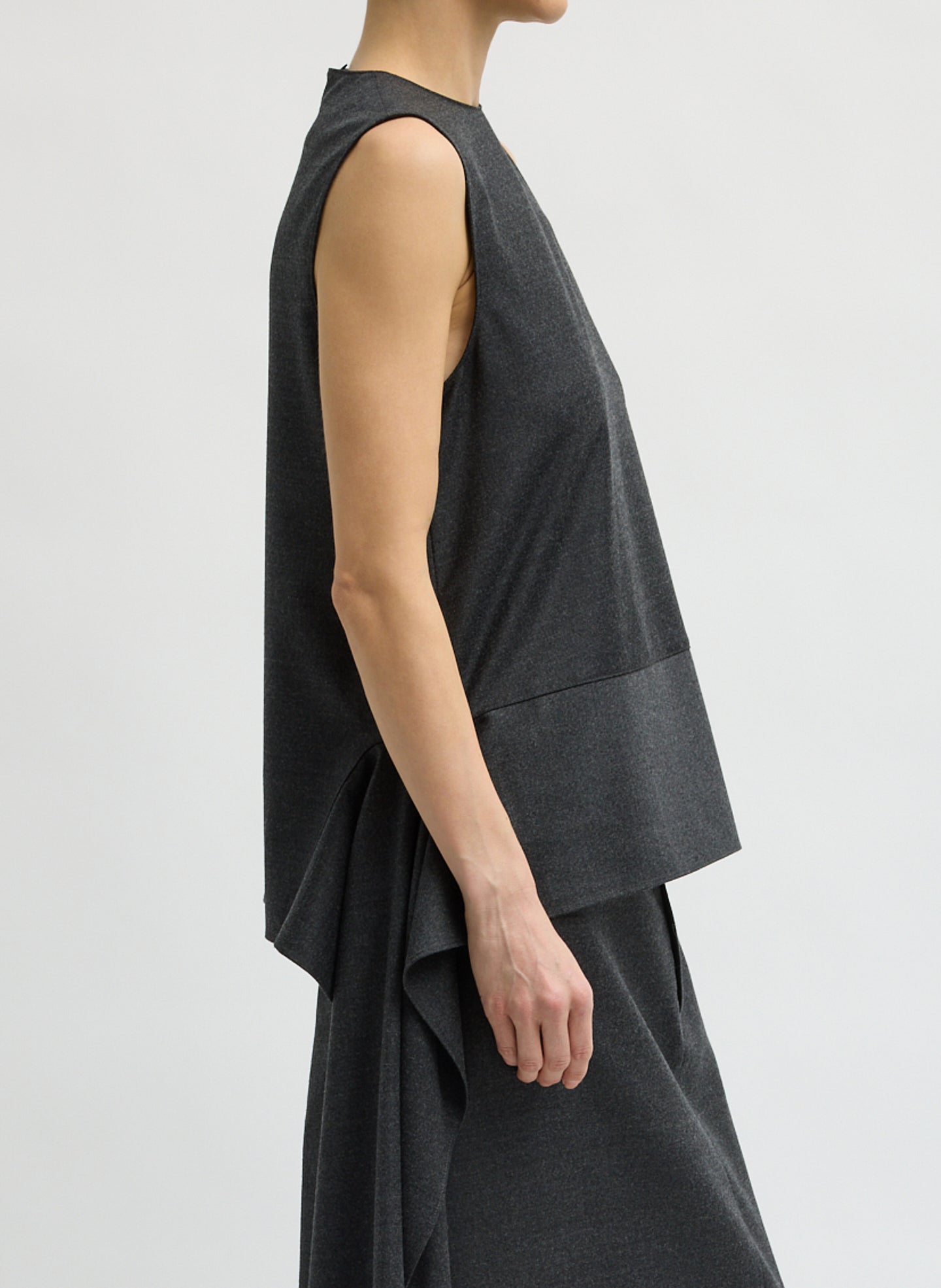 Dark Heather Grey Cozy Flannel Asymmetrical Sleeveless Top - side view on model