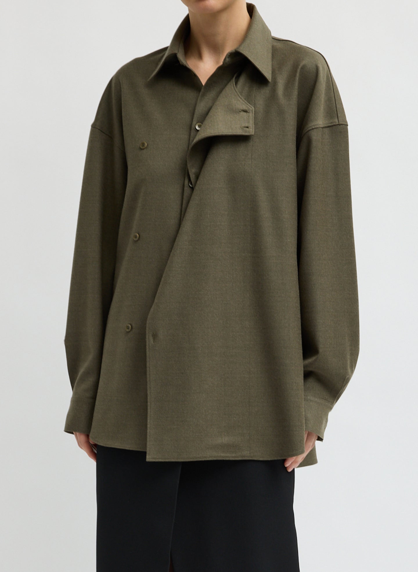 Army Green Cozy Flannel Long Sleeve Shirt with Overlap Detail - front view on model