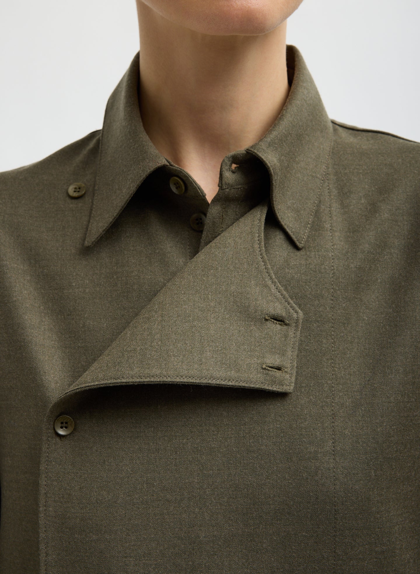Army Green Cozy Flannel Long Sleeve Shirt with Overlap Detail - closeup of collar detail